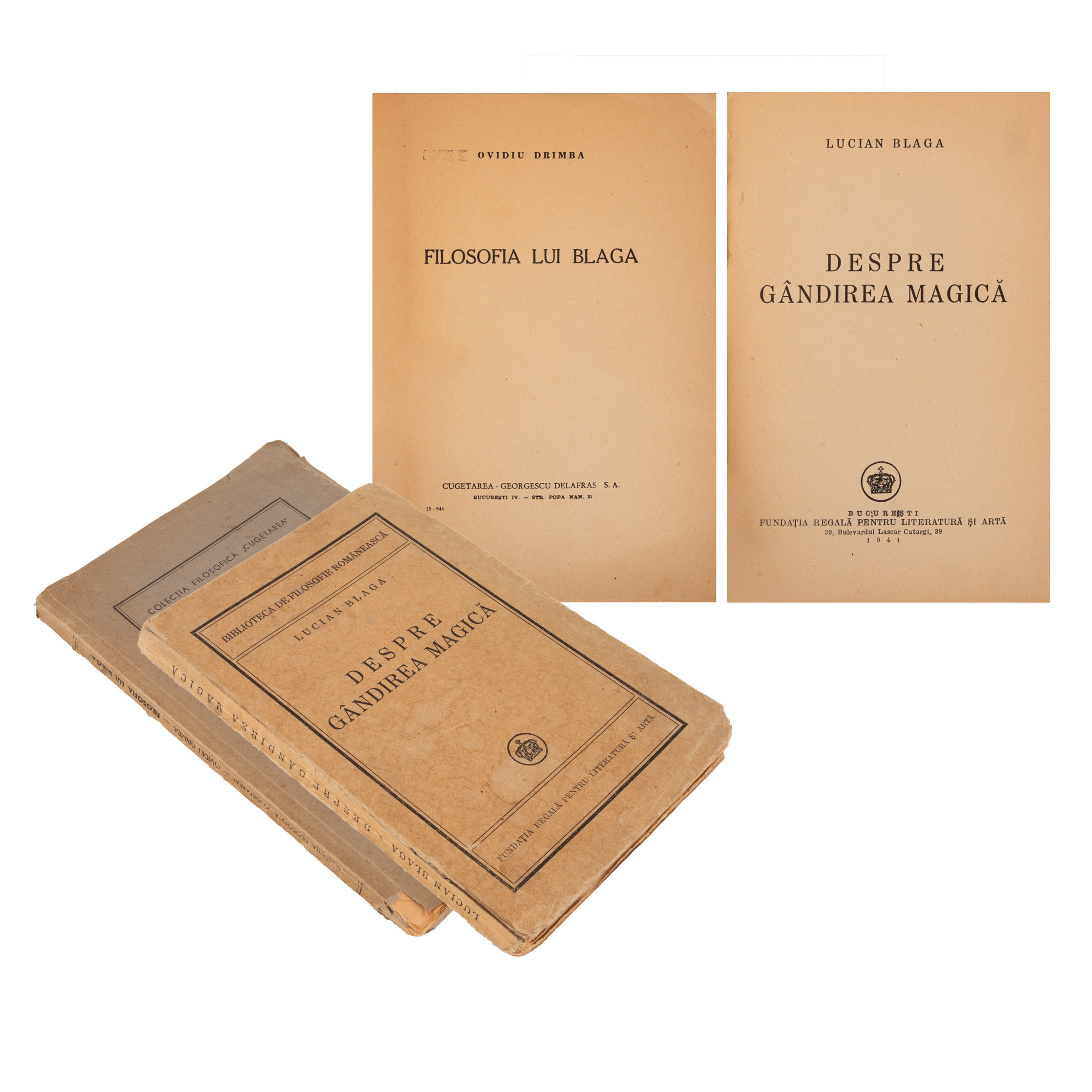 Lot format din ”Despre gândirea magică”, de Lucian Blaga, ediție princeps, București, 1941, și ”Filosofia lui Blaga”, de Ovidiu Drimba, ediție princeps, București, 1944