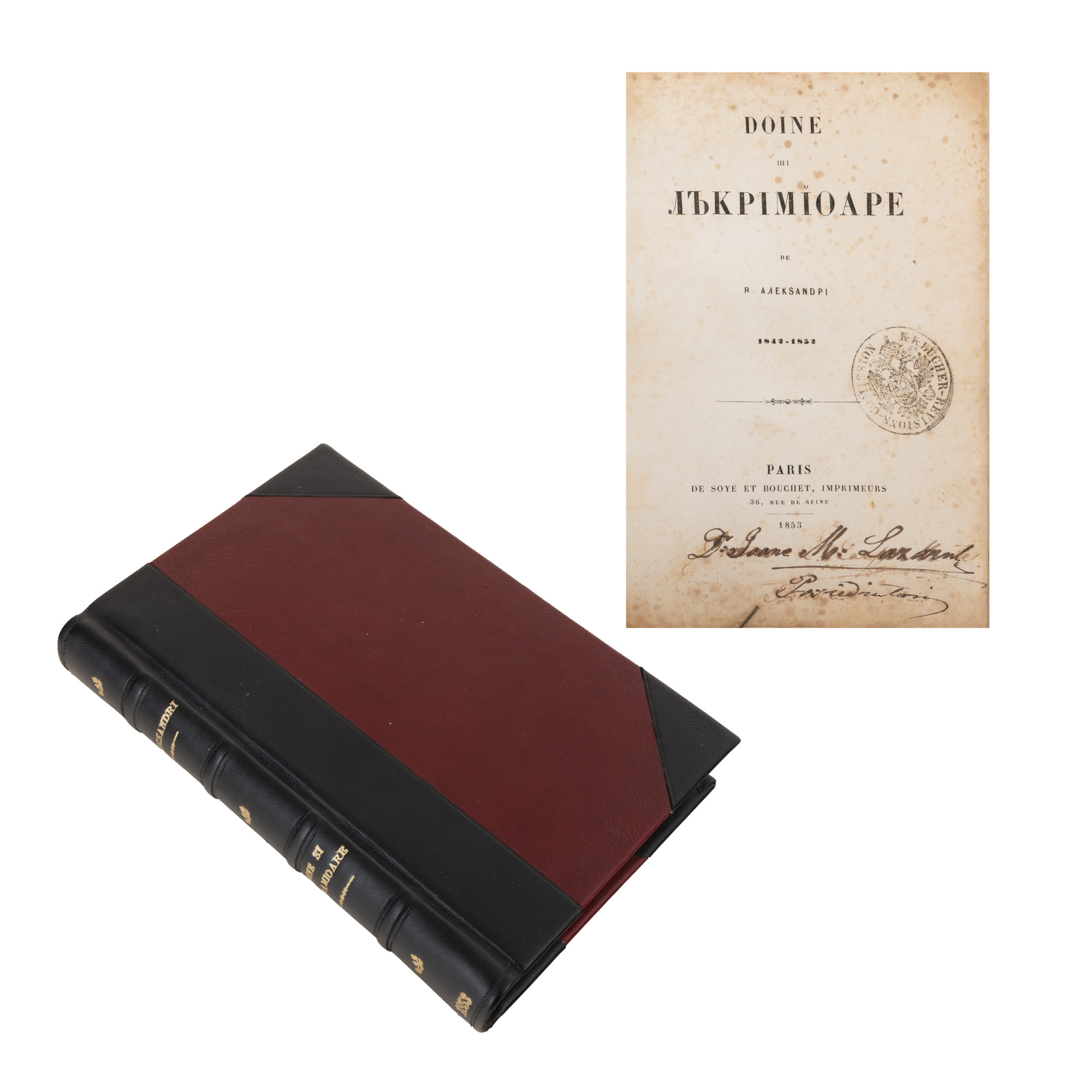 ”Doine și lăcrămioare”, de Vasile Alecsandri, ediție princeps, Paris, 1853, cu ex-libris de proprietate