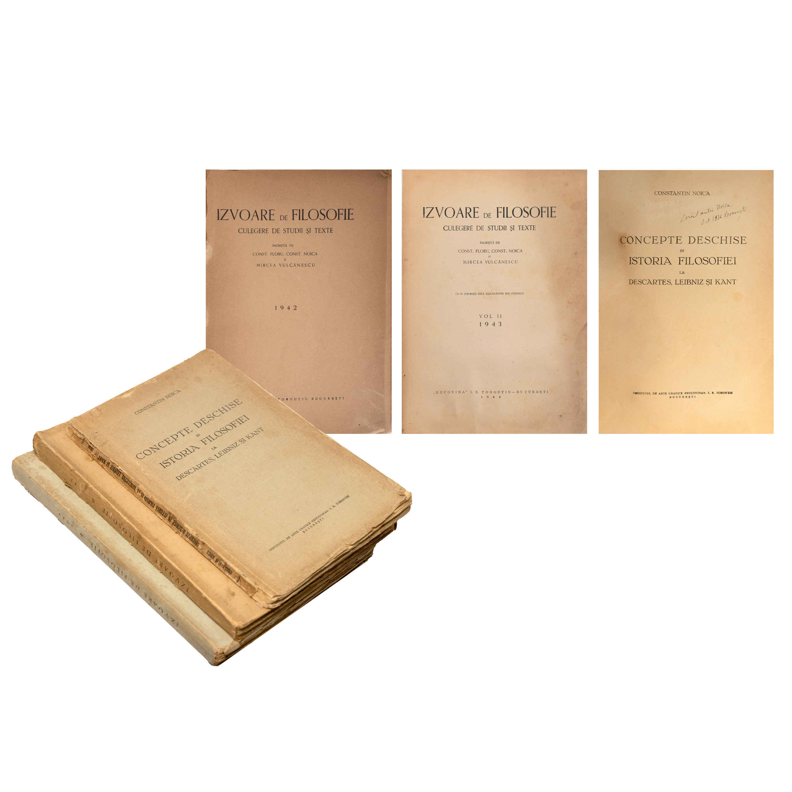 Lot format din "Concepte deschise în istoria filosofiei la Descartes, Leibniz și Kant", de Constantin Noica, ediție princeps, București, 1936, cu semnătura olografă a autorului, și "Izvoare de filosofie", îngrijită de Constantin Noica, Mircea Vulcănescu și Constantin Floru, două volume, 1942-1943