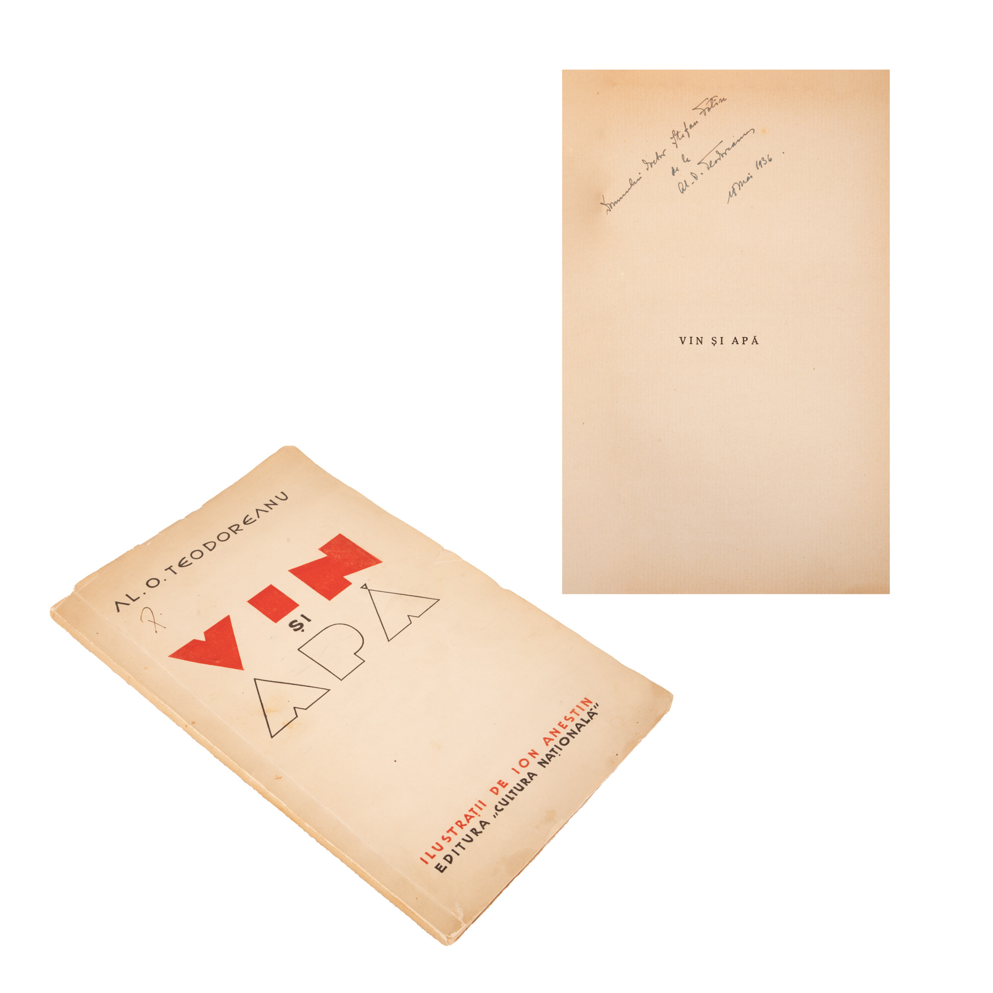 "Wine and Water", by Păstorel Teodoreanu, with illustrations by Ion Anestin, first edition, Bucharest, 1936, with the author's handwritten signature and dedication to doctor Ștefan Fotin