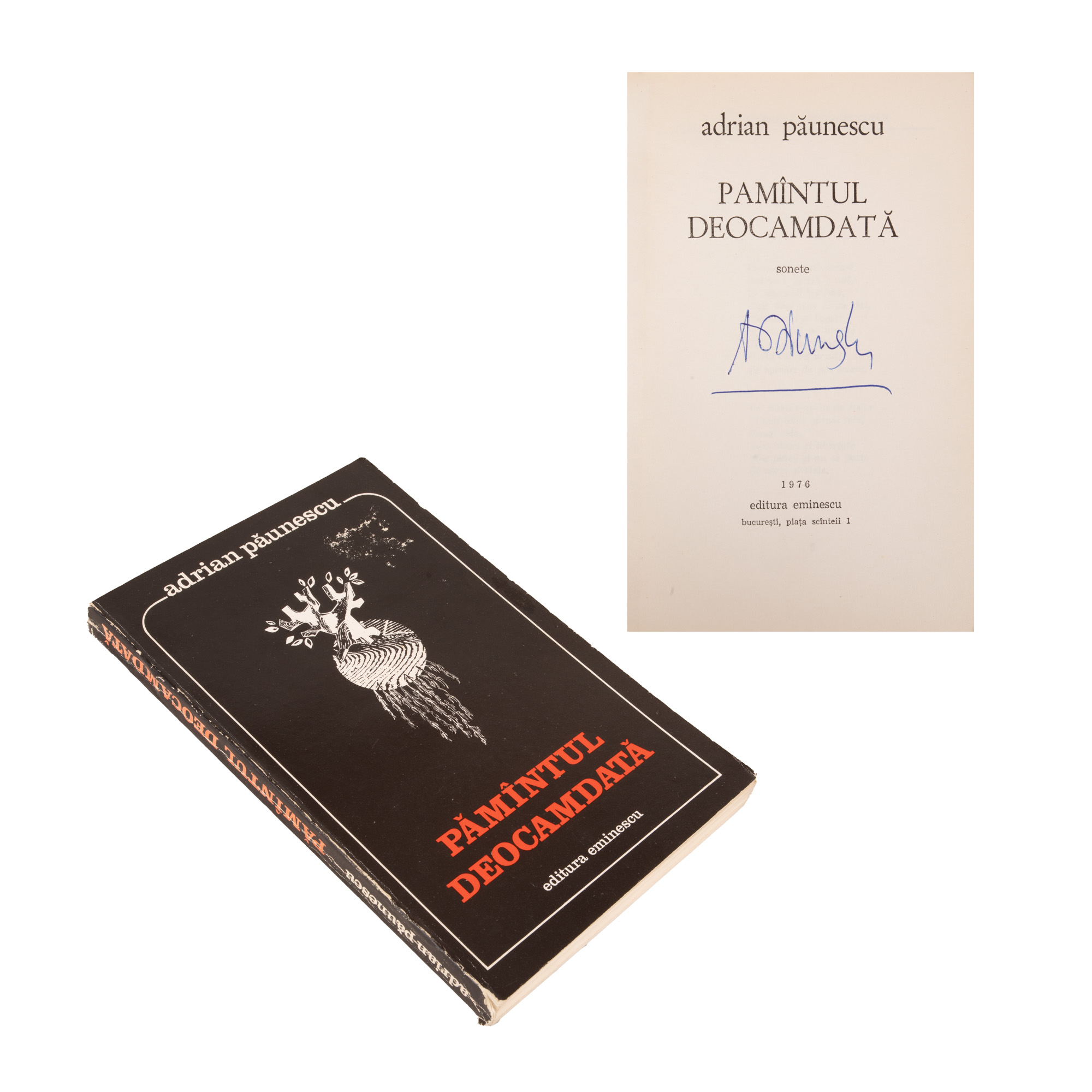 "Temporary Earth" by Adrian Păunescu, first edition, Bucharest, 1976, with the author's holograph signature