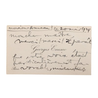 Carte de vizită a lui George Enescu adresată compozitorului francez Alfred Bruneau, franceză, 1929, cu o însemnare olografă