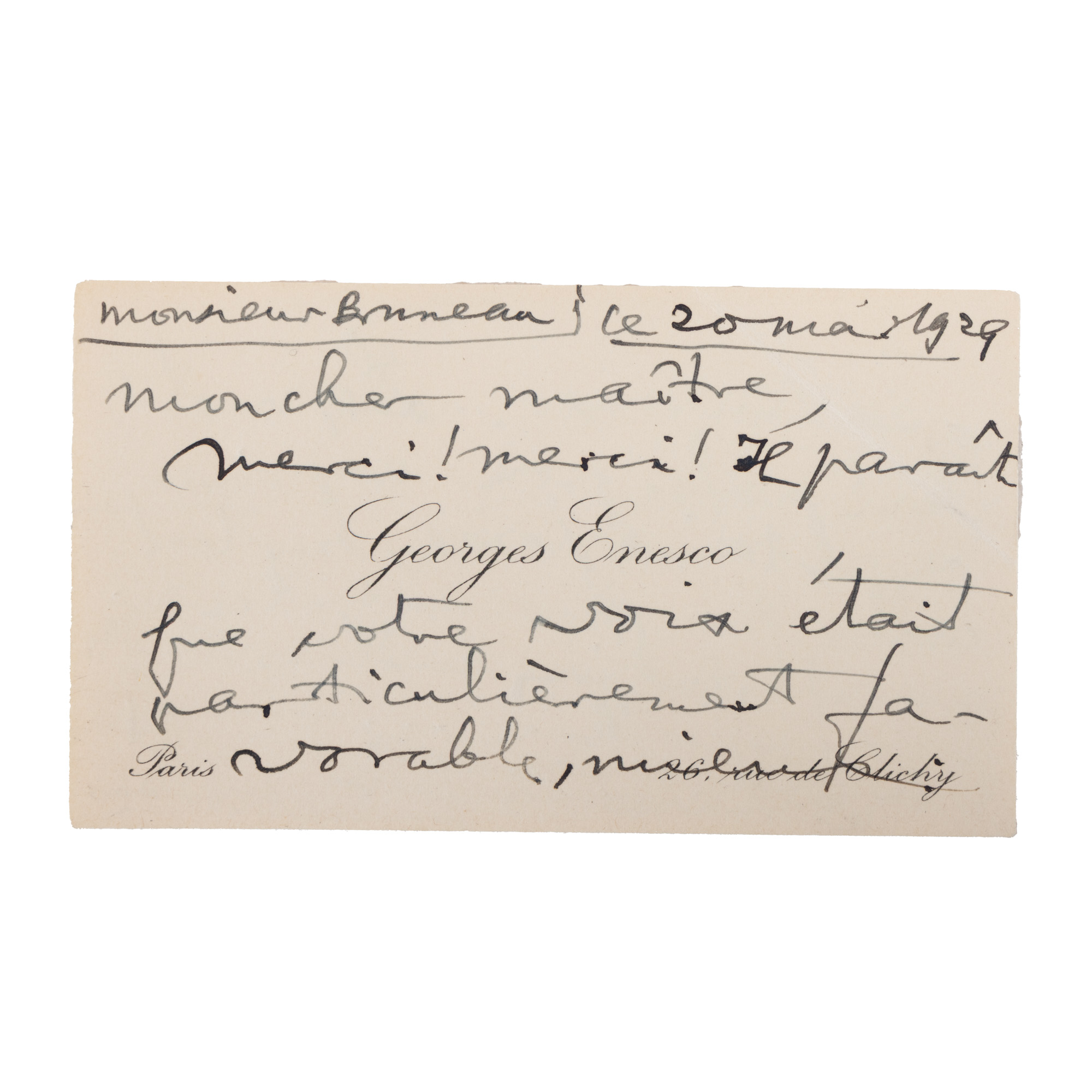 Carte de vizită a lui George Enescu adresată compozitorului francez Alfred Bruneau, franceză, 1929, cu o însemnare olografă