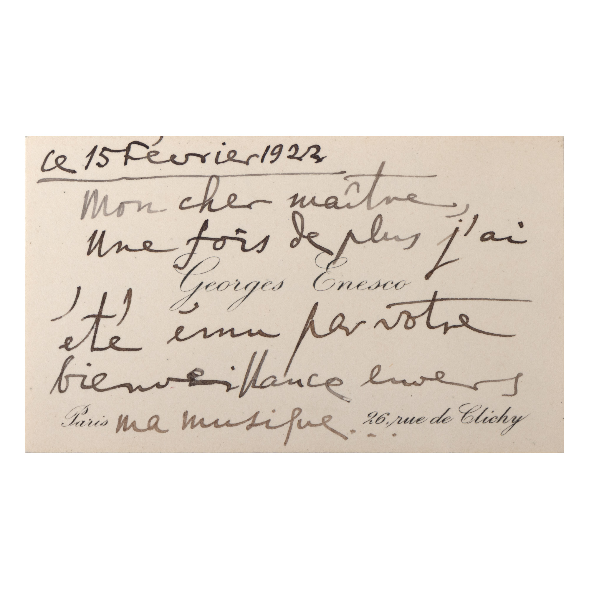 Carte de vizită a lui George Enescu, franceză, 1922, cu o însemnare olografă