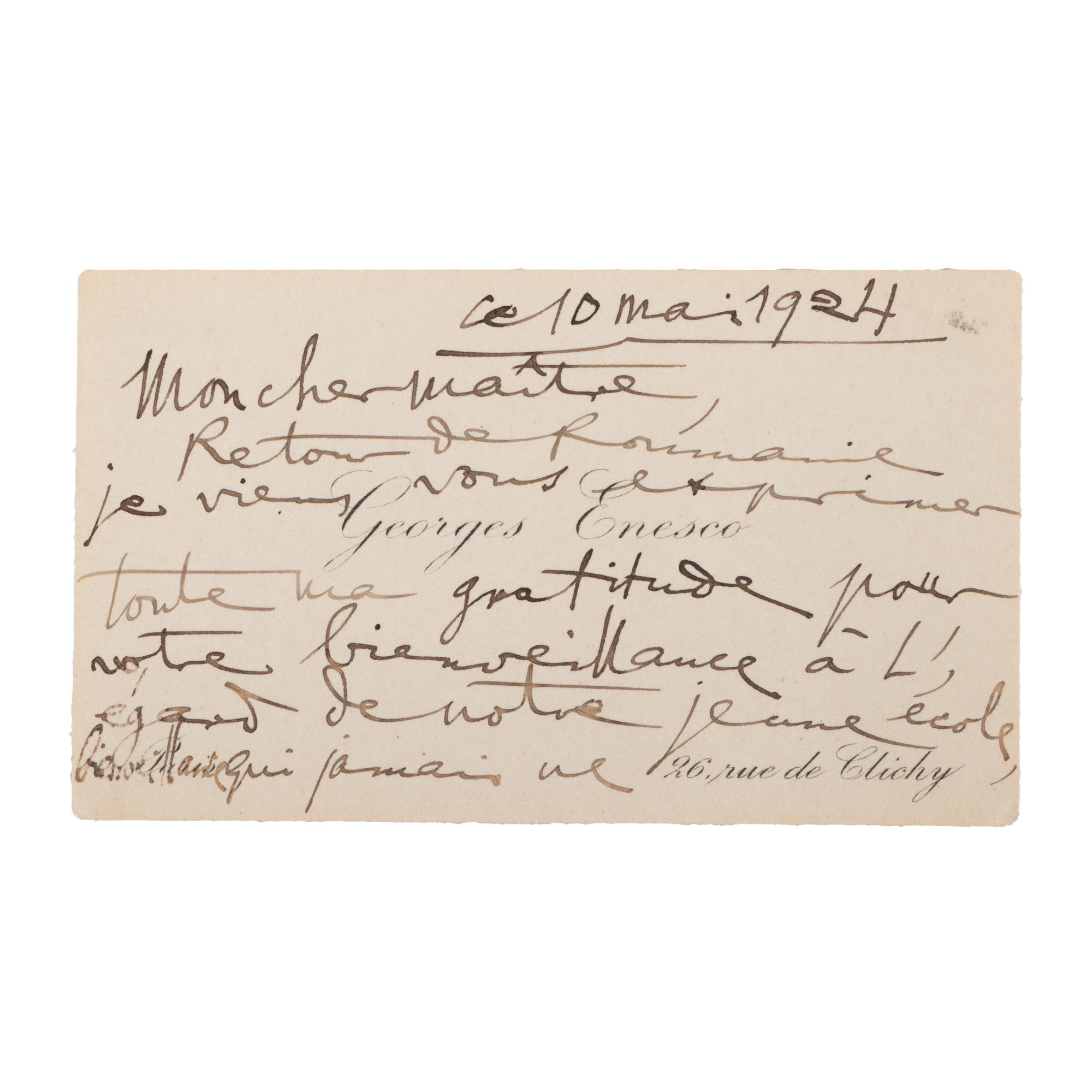 Carte de vizită a lui George Enescu, franceză, 1924, cu o însemnare olografă