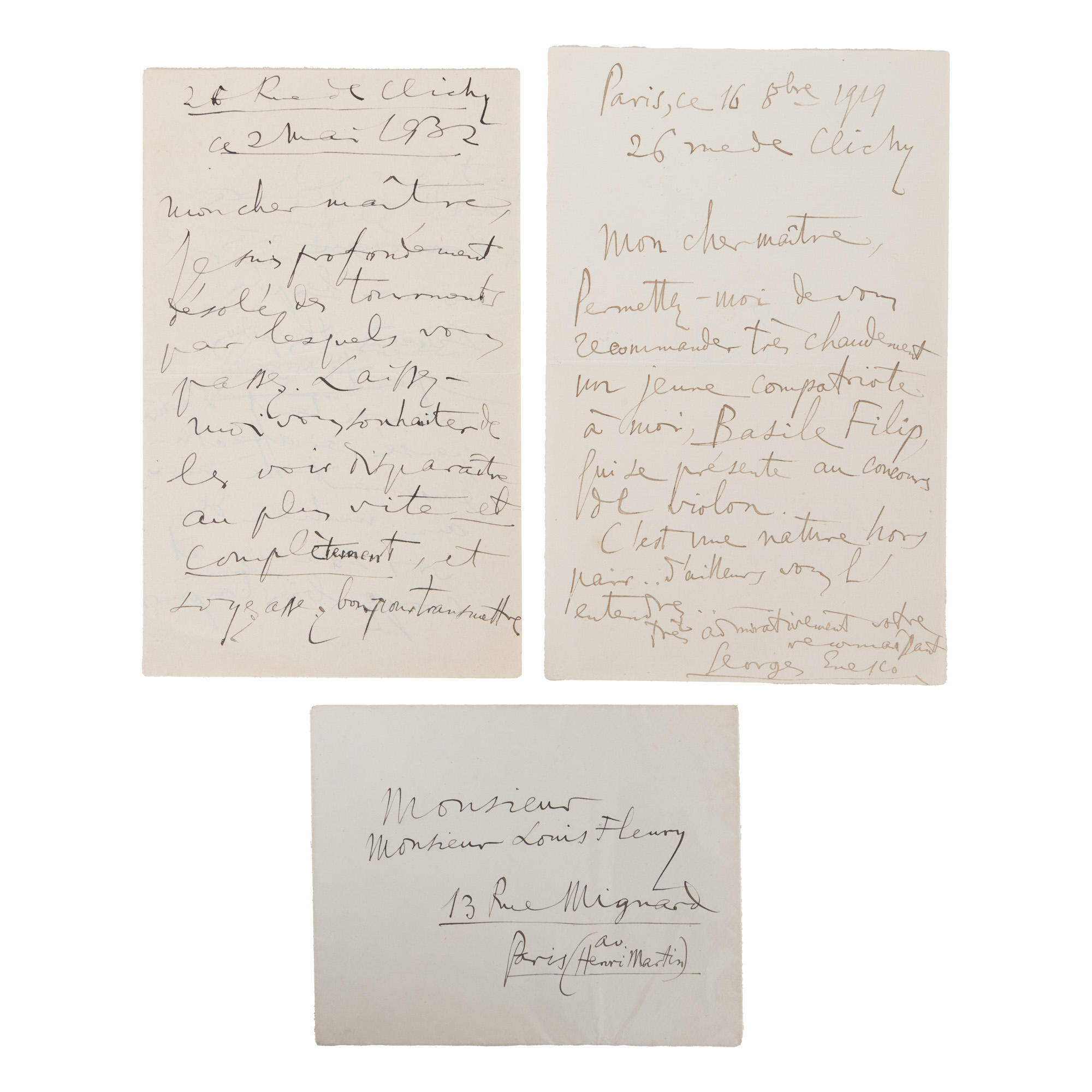 Lot format din două scrisori trimise de George Enescu unui prieten neidentificat, franceză, Paris, 1929 și 1932, însoțite de un plic original