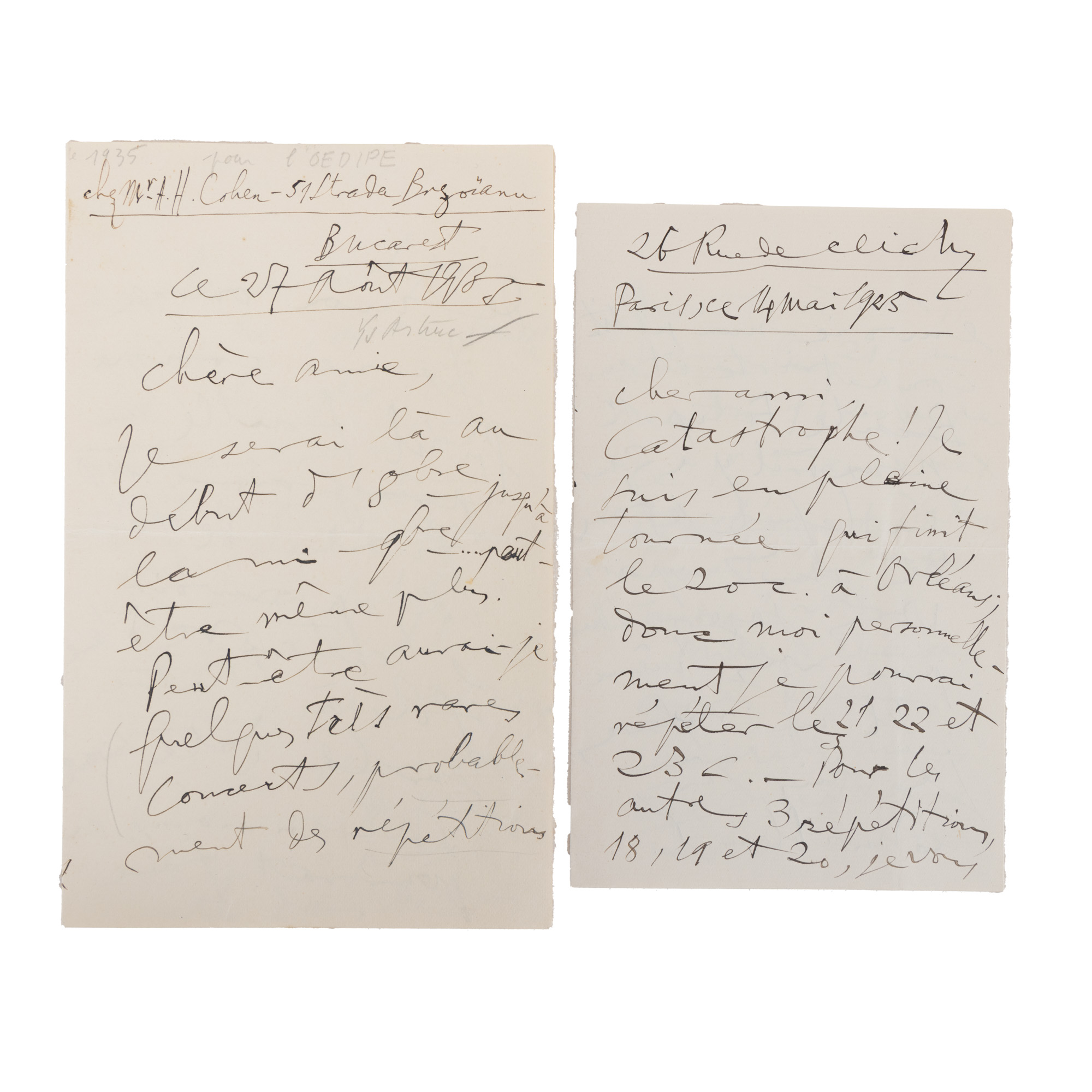 Lot format din două scrisori trimise de George Enescu, franceză, 1925-1935