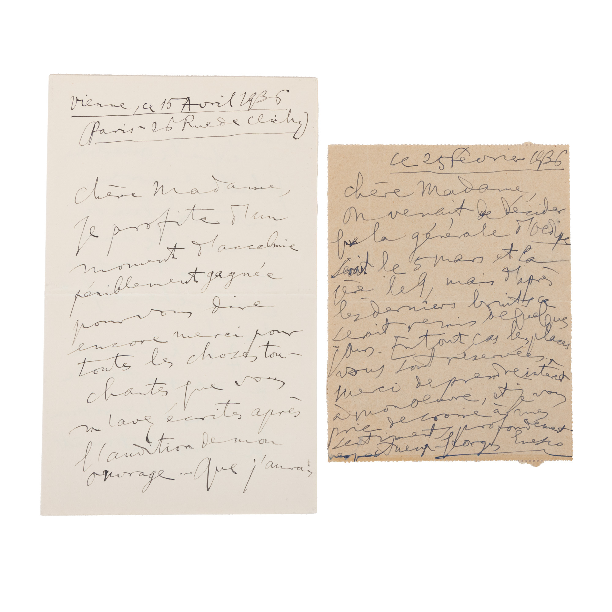 Lot format din două scrisori trimise de George Enescu aflat la Paris unei doamne neidentificate, franceză, 1936