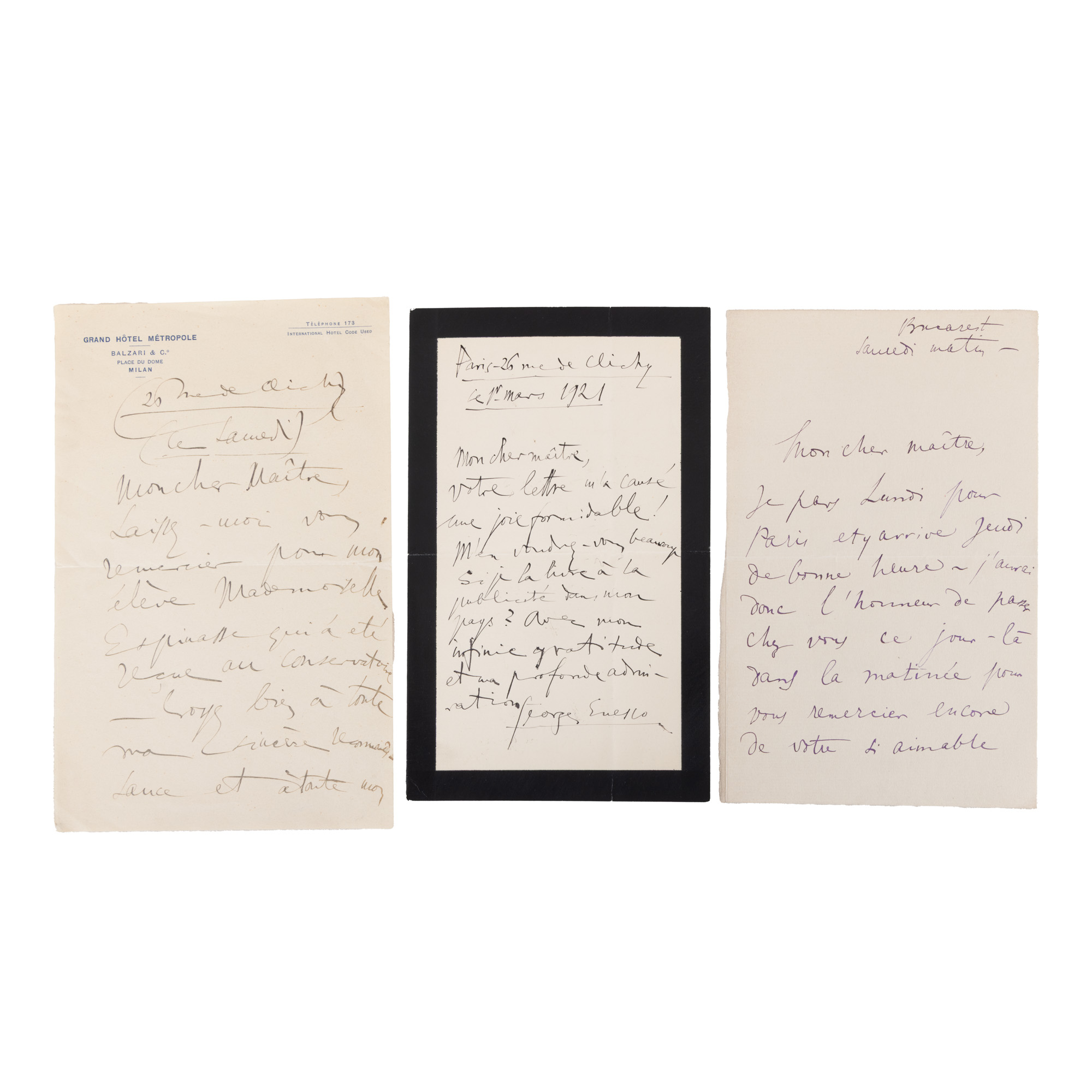 Lot format din trei scrisori trimise de George Enescu către diverși adresanți, franceză, cca. 1921