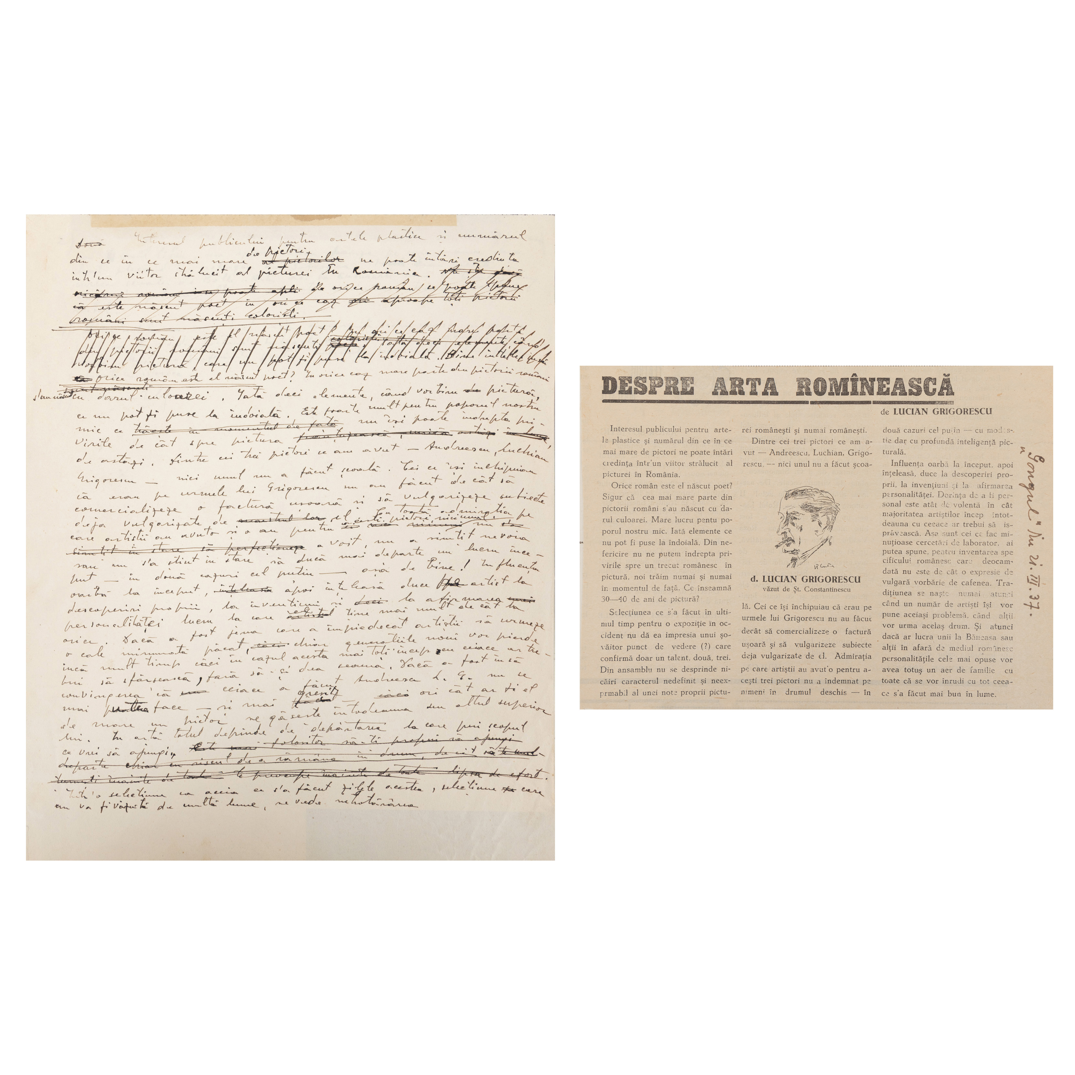 Manuscrisul articolului ”Despre arta românească”, de Lucian Grigorescu, publicat în ziarul ”Gongul” din 21 martie 1937