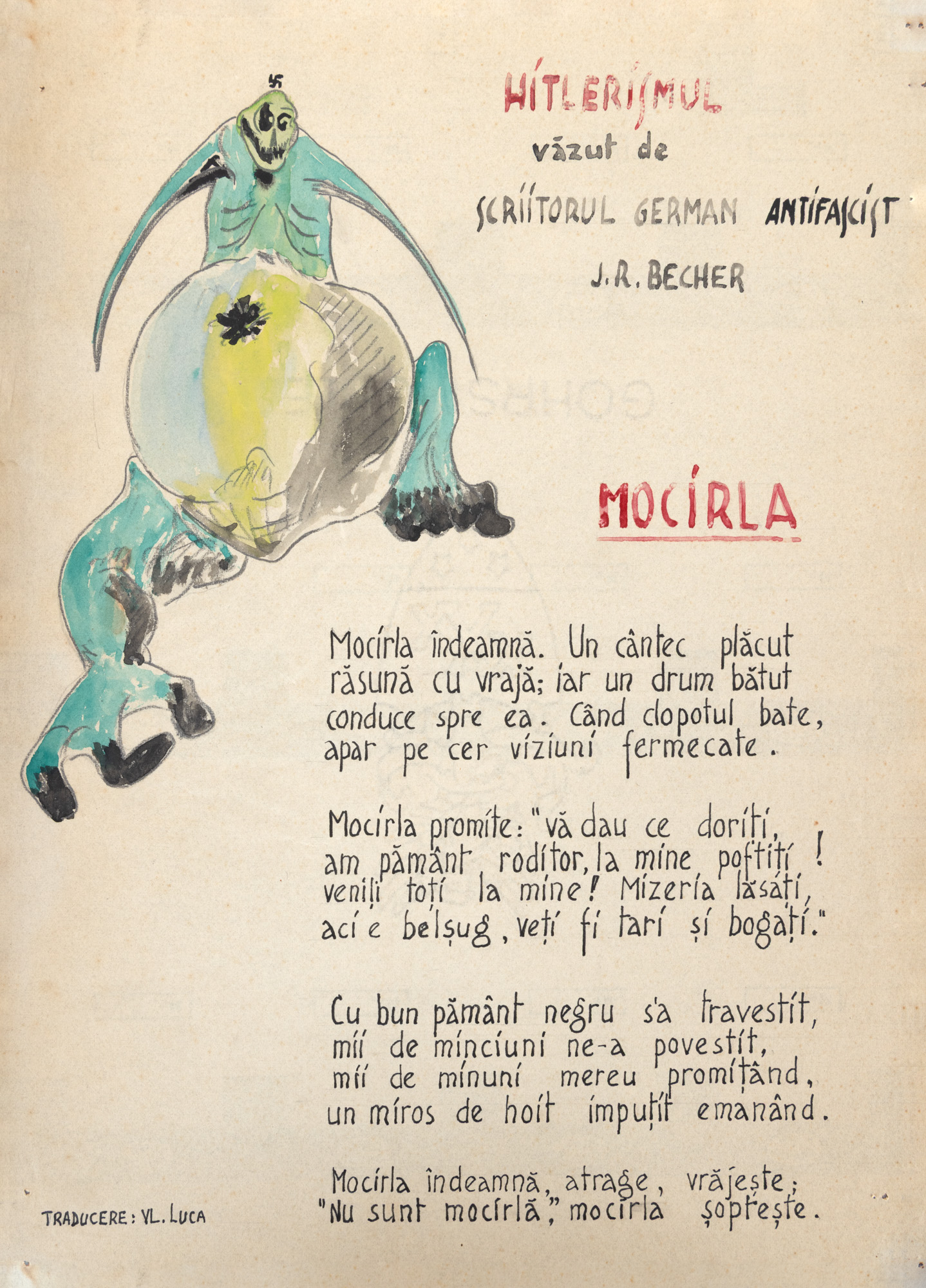 ”Mocirla” de Johannes R. Becher, pamflet antifascist ilustrat, traducere Vasile Luca, cca. 1944