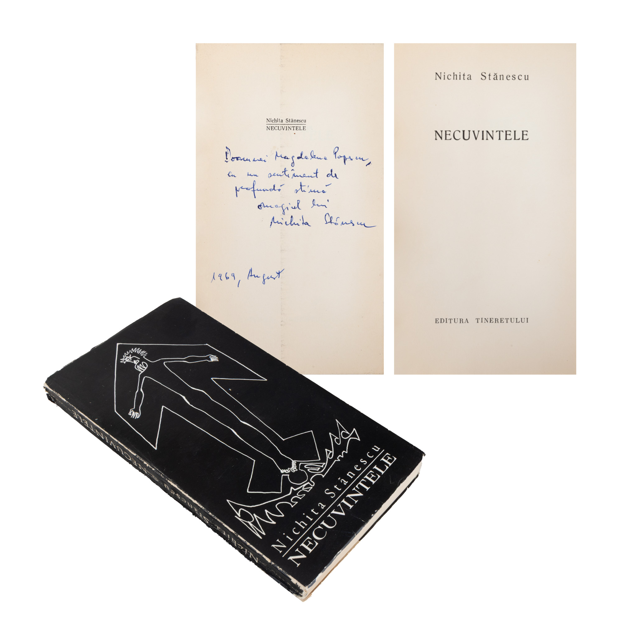 ”Necuvintele”, de Nichita Stănescu, cu ilustrații de Michel Sânzianu, ediție princeps, București, 1969, cu dedicația și semnătura olografe ale autorului către Magdalena Popescu Bedrosian, din a cărei colecție provine