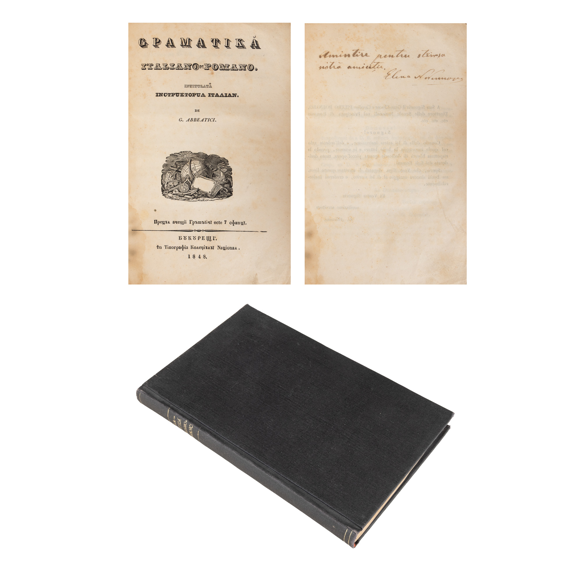 "Italian-Romanian Grammar", by Gerolamo Abbeatici, Bucharest, 1848