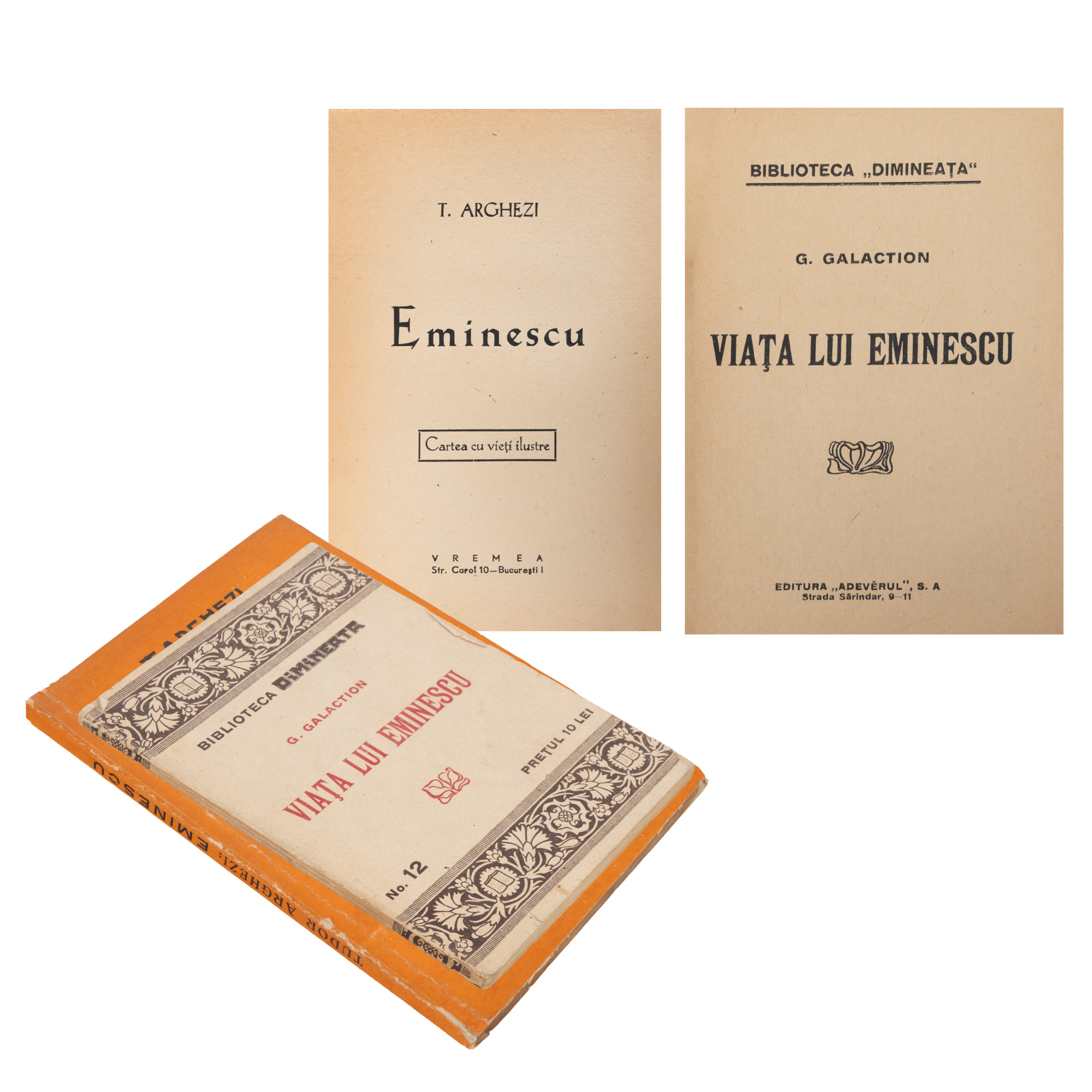 Lot format din ”Viața lui Eminescu”, de Gala Galaction, București, 1924, și ”Eminescu”, de Tudor Arghezi, București, 1943