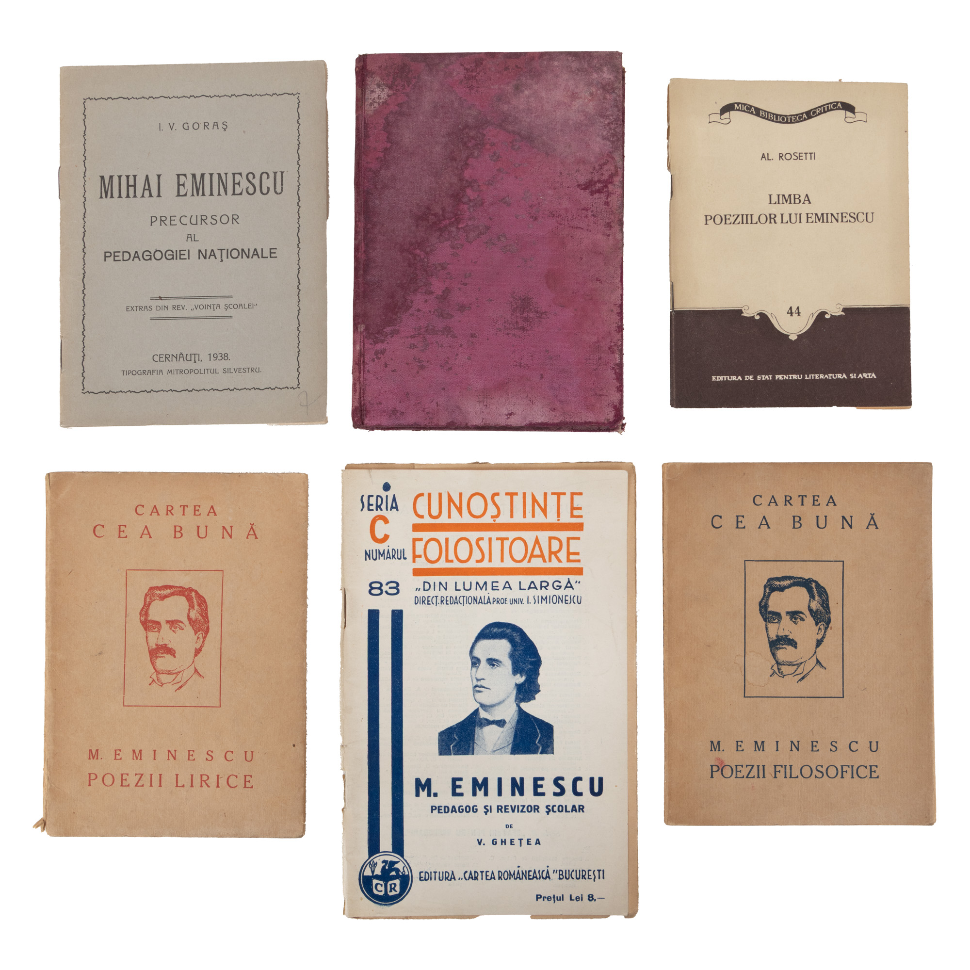 Lot consisting of "How Eminescu Loved. Intimate Pages", by Octav Minar, Bucharest, 1913, "The Language of Eminescu's Poems", by Alexandru Rosetti, Bucharest, 1956, "Mihai Eminescu. Philosophical Poems", edited by Sextil Pușcariu, Bucharest, 1923, "Mihai Eminescu. Lyric Poems", edited by Sextil Pușcariu, Bucharest, 1923, "Mihai Eminescu. Precursor of National Pedagogy", by Ioan V. Goraș, Cernăuți, 1938, and "Mihai Eminescu. Teacher and School Inspector", by Vasile Ghețea, Bucharest, 1939.