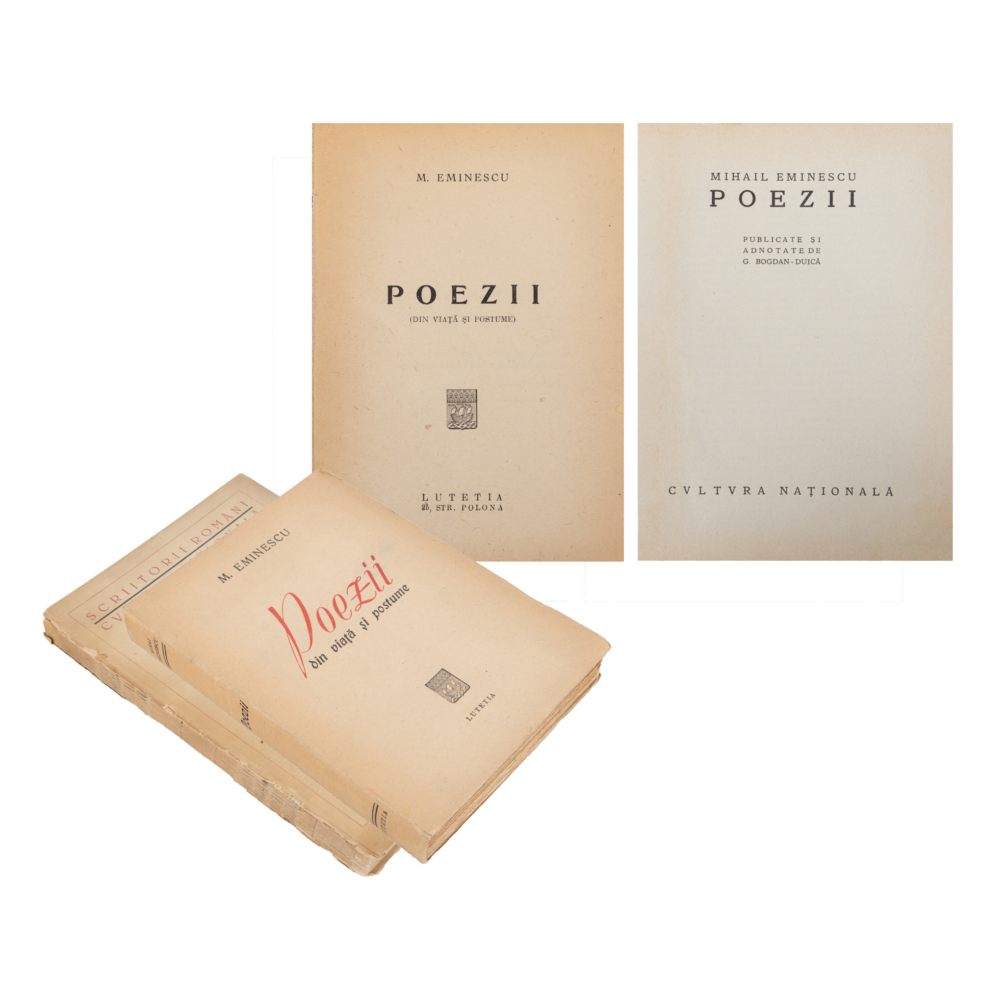 Lot format din ”Poeziile”, de Mihai Eminescu, publicate și adnotate de Gheorghe Bogdan-Duică, București, 1924, și ”Mihai Eminescu. Poezii din viață și postume”, București, 1947