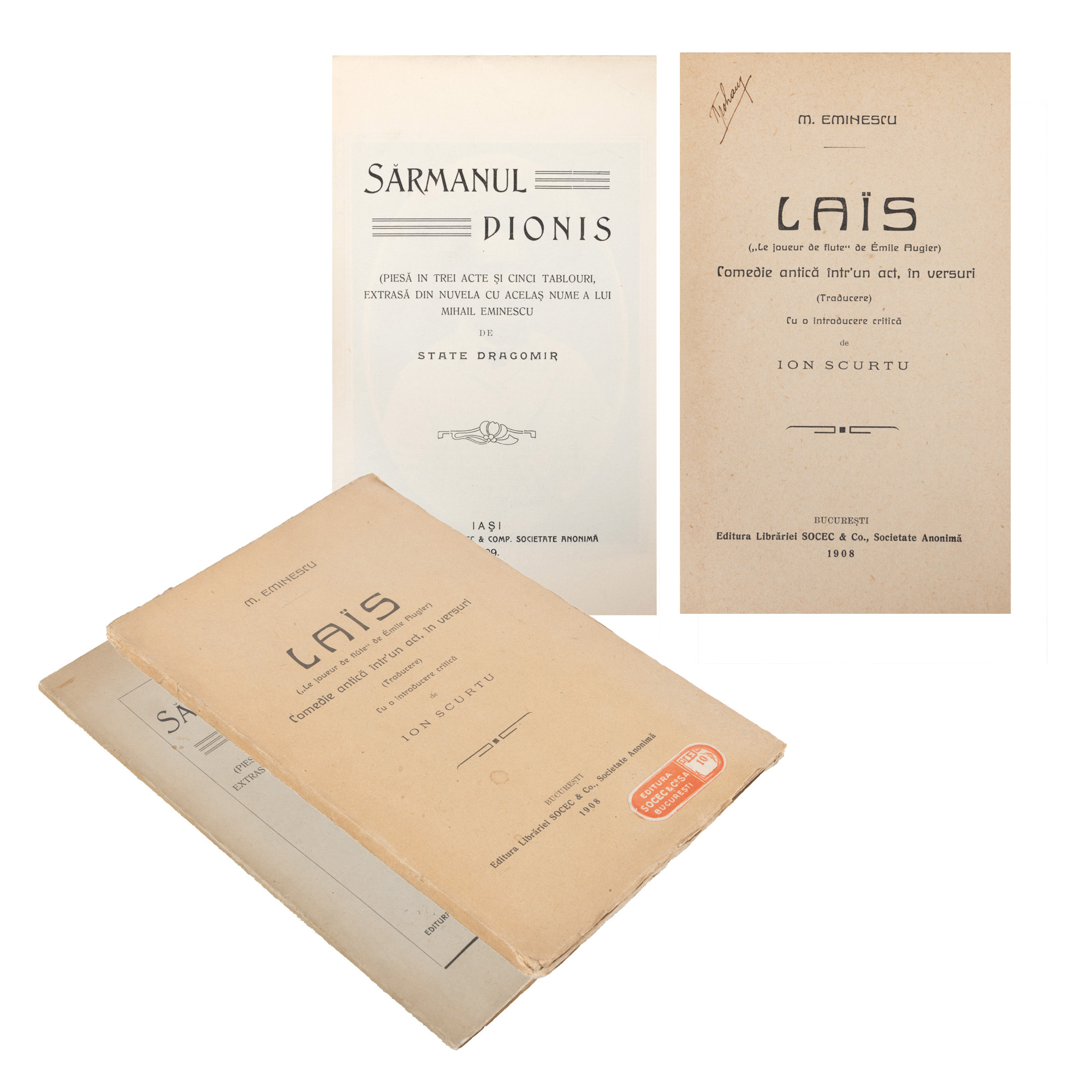 Lot format din ”Sărmanul Dionis (Piesă în trei acte și cinci tablouri extrasă din nuvela cu același nume a lui Mihai Eminescu)”, de State Dragomir, Iași, 1909, și ”Laïs”, de Émile Augier, traducere de Mihai Eminescu, ediție princeps, cu o introducere de Ion Scurtu, București, 1908