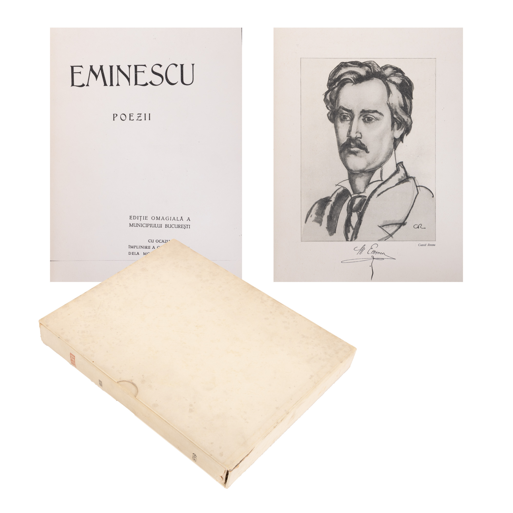 ”Poezii”, de Mihai Eminescu, cu un portret de Camil Ressu, ediție omagială a Municipiului București, București, 1939, cu etui