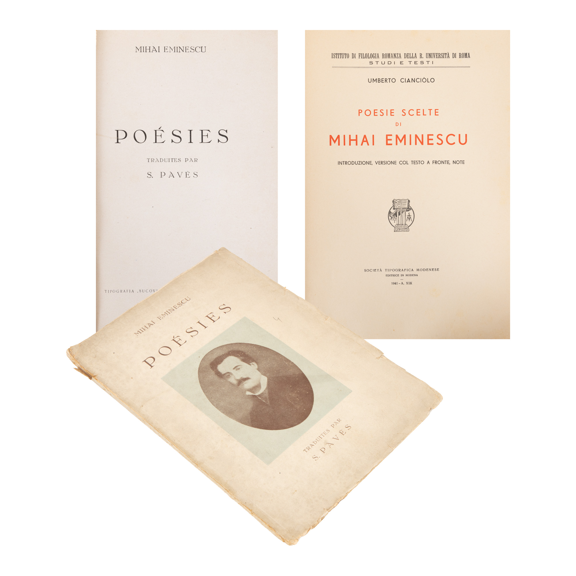 Lot consisting of "Mihai Eminescu. Poems", translation by S. Paves, Bucharest, 1945, and "Selected poems of Mihai Eminescu", translation by Umberto Cianciolo, Modena, 1941, uncut copy
