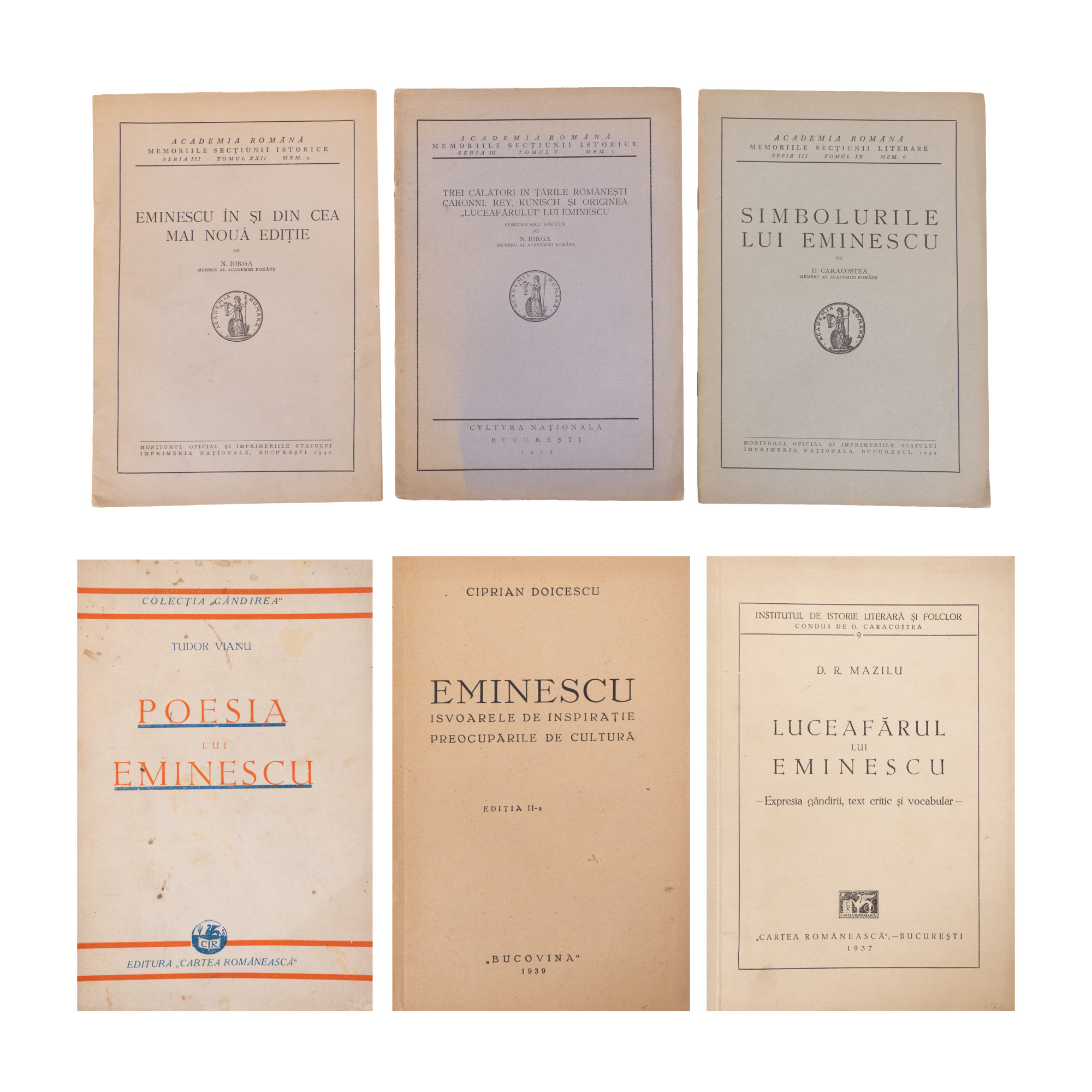 Lot consisting of "Eminescu's Morning Star" by Dumitru R. Mazilu, Bucharest, 1937, "Eminescu. Sources of Inspiration. Cultural Concerns" by Ciprian Doicescu, Bucharest, 1939, "Eminescu's Poetry" by Tudor Vianu, Bucharest, 1930, "Eminescu's Symbols" by Dumitru Caracostea, Bucharest, 1939, "Three Travelers in the Romanian Countries. Caronni, Rey, Kunisch and the origin of Eminescu's 'Morning Star'" by Nicolae Iorga, Bucharest, 1925, and "Eminescu in and from the latest edition" by Nicolae Iorga, Bucharest, 1940