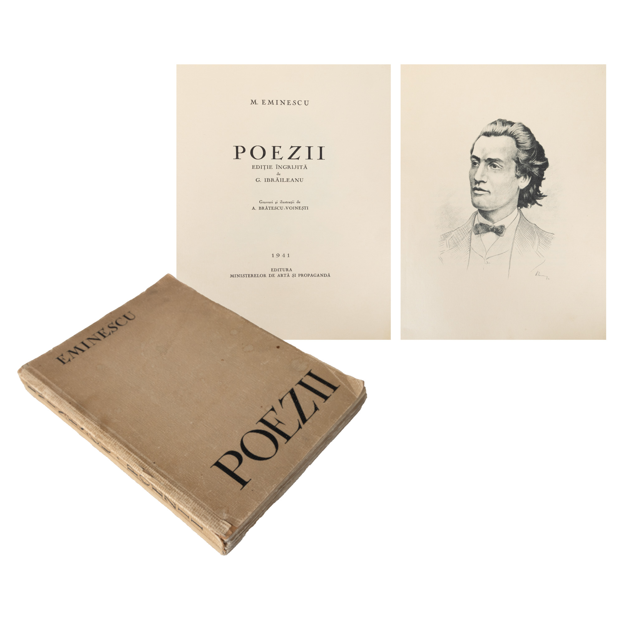 ”Mihai Eminescu. Poezii”, ediție îngijită de Garabet Ibrăileanu, gravuri și ilustrații de Alexandru Brătescu-Voinești, Craiova, 1941, exemplar netăiat