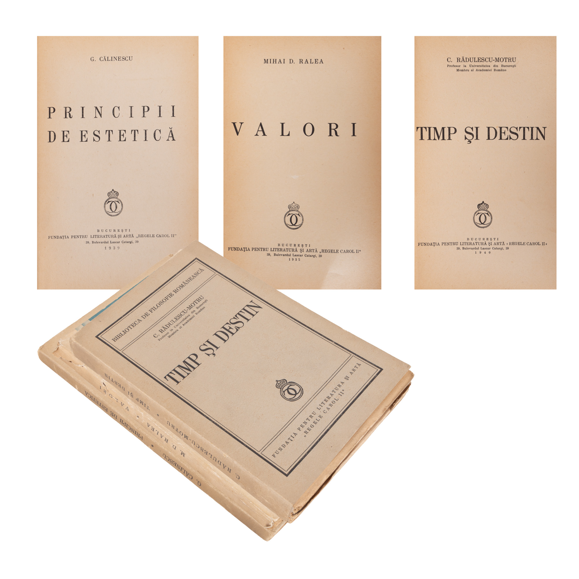 Lot consisting of "Values", by Mihai D. Ralea, Bucharest, 1935, "Time and Destiny", by Constantin Rădulescu-Motru, Bucharest, 1940, and "Principles of Aesthetics", by George Călinescu, Bucharest, 1939