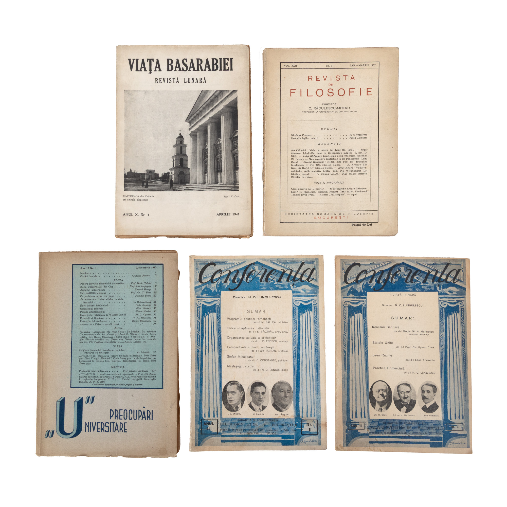 Lot consisting of "Philosophy Magazine", year XXII, no. 1,1937, "The Conference", year III, no. 1 and no. 3, 1938 and 1939, "University Concerns", year I, no. 1, 1943, "Life of Bessarabia", year X, no. 4, 1941, "The Literary Universe", Year XLVIII, no. 24, June 17, 1939, and "The Three Cris", year XVII, no. 1-2, January-February 1936.