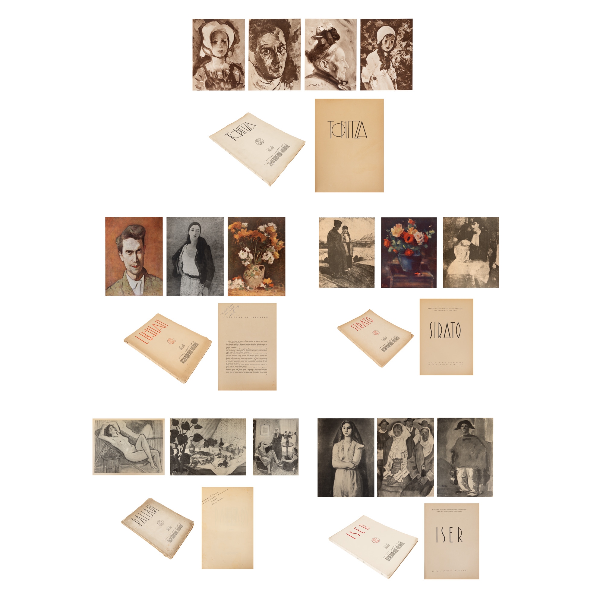 Lot format din Seria completă Căminul Artei, formată din cinci albume: ”Luchian”, cu dedicația olografă a autorului, Tonitza”, ”Pallady”, cu dedicația olografă a autorului, de Ionel Jianu, ”Iser”, de Eugen Crăciun și ”Șirato”, de Petre Comarnescu, București, 1944-1947