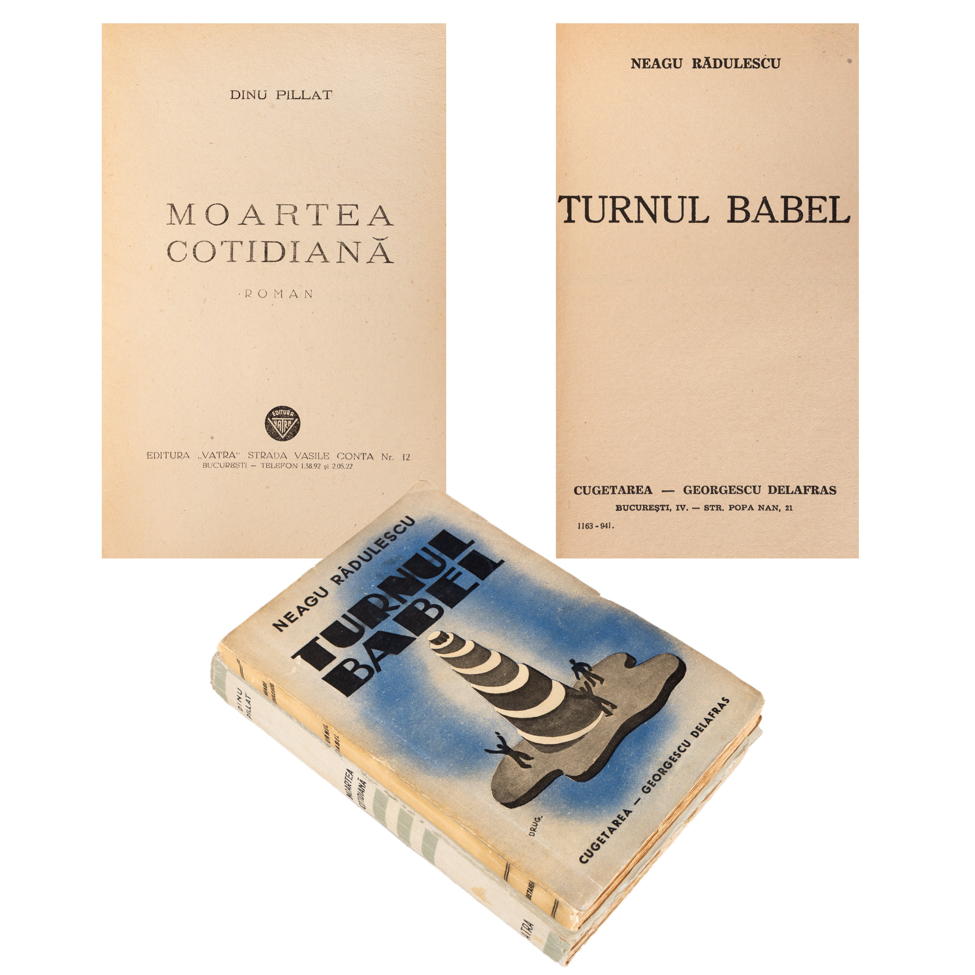 Lot format din ”Moartea cotidiană”, de Dinu Pillat, ediție princeps, București, 1946, cu dedicația și semnătura olografe ale autorului, și ”Turnul Babel”, de Neagu Rădulescu, ediție princeps, București, 1940, cu dedicația și semnătura olografe ale autorului