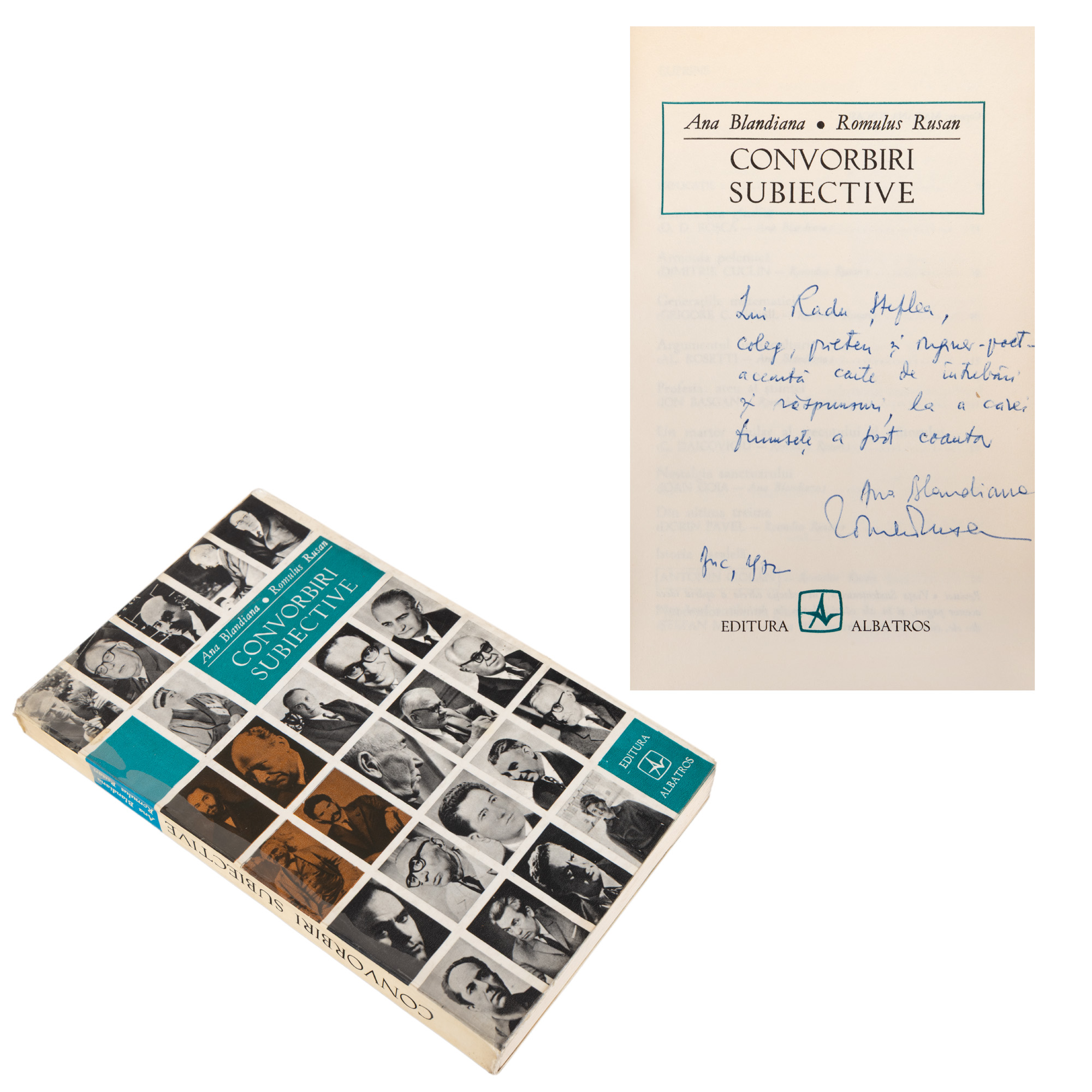 "Subjective Conversations," by Ana Blandiana and Romulus Rusan, Bucharest, 1971, with dedication and handwritten signatures of the authors to the graphics designer Radu Șteflea