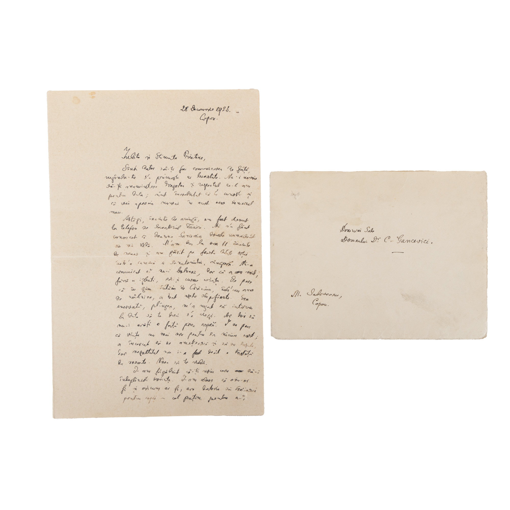 Scrisoare olografă, semnată, trimisă de Mihail Sadoveanu doctorului Corneliu Gancevici, Iași, 28 decembrie 1933, cu plicul original