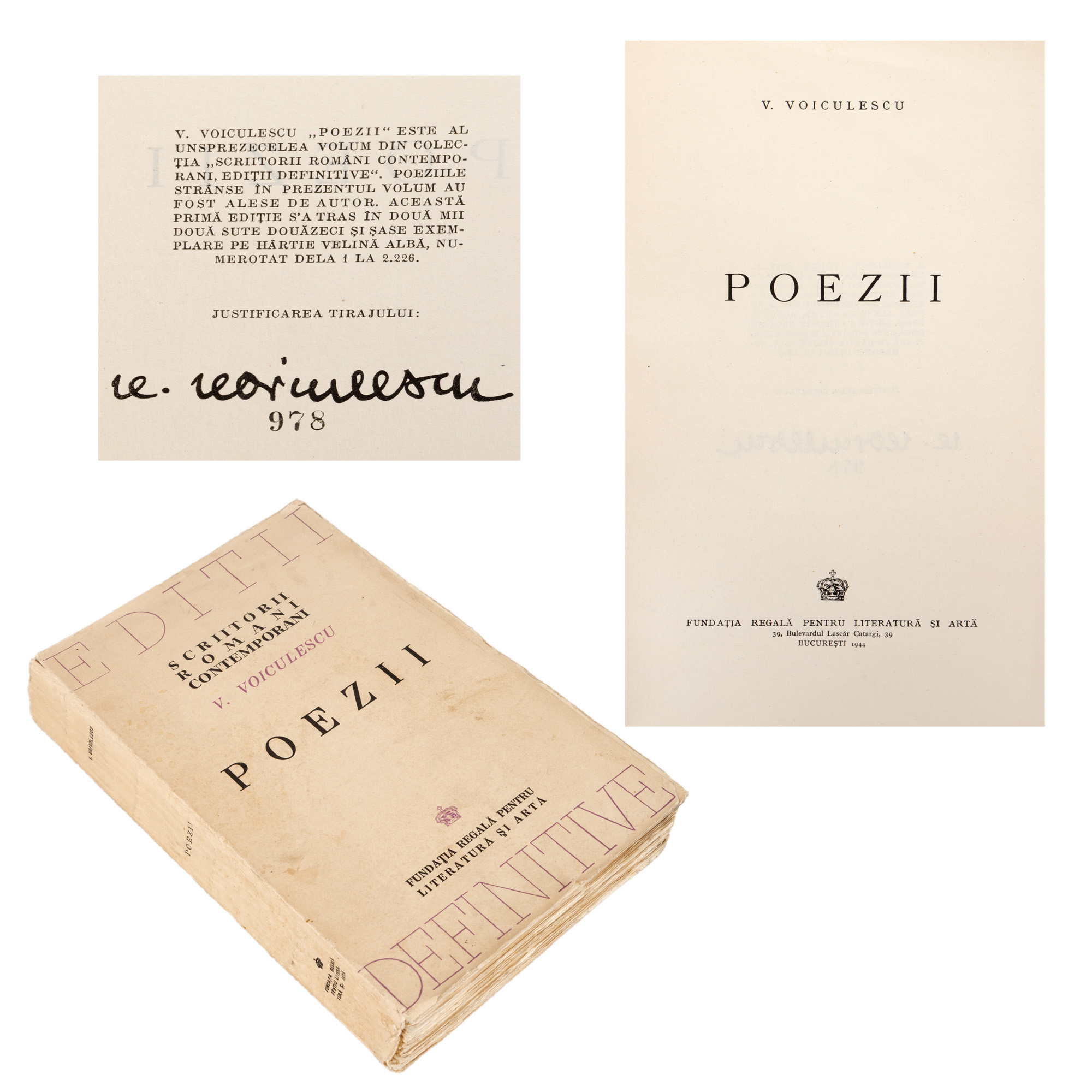 ”Poezii”, de Vasile Voiculescu, București, 1944, ediție definitivă, cu semnătura olografă a autorului