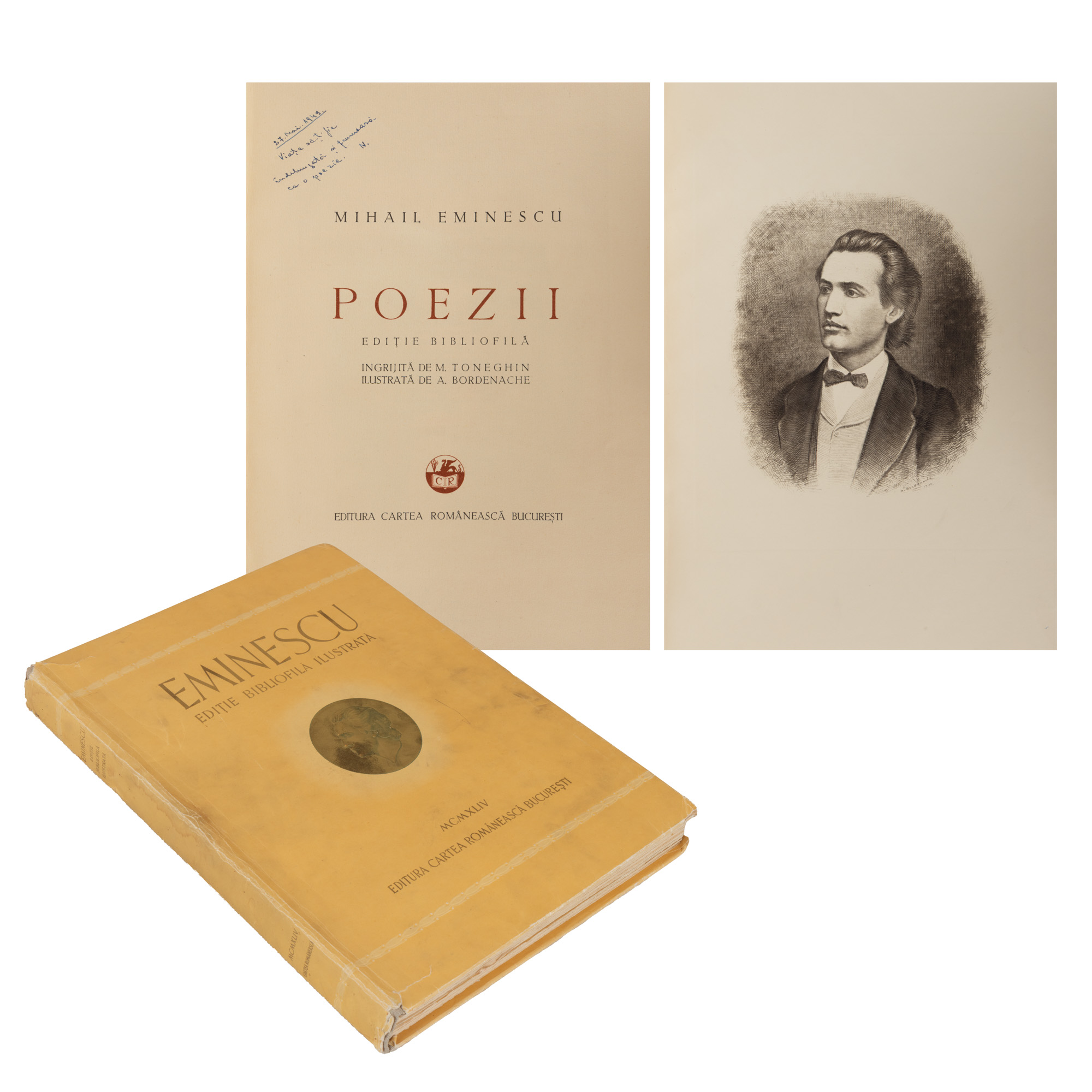 ”Mihail Eminescu. Poezii”, ediție bibliofilă îngrijită de Menny Toneghin, ilustrată de Aurel Bordenache, București, 1944, exemplar 980/2000