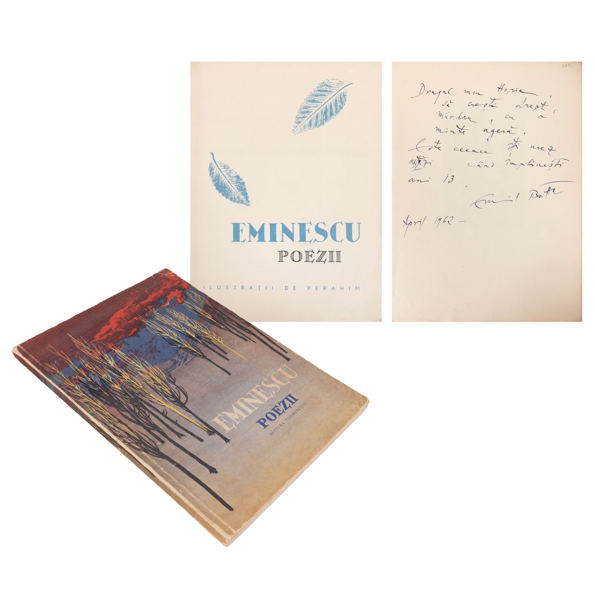 "Eminescu. Poems", illustrations by Jules Perahim, Bucharest, 1961, with the dedication and handwritten signature of the actor Emil Botta