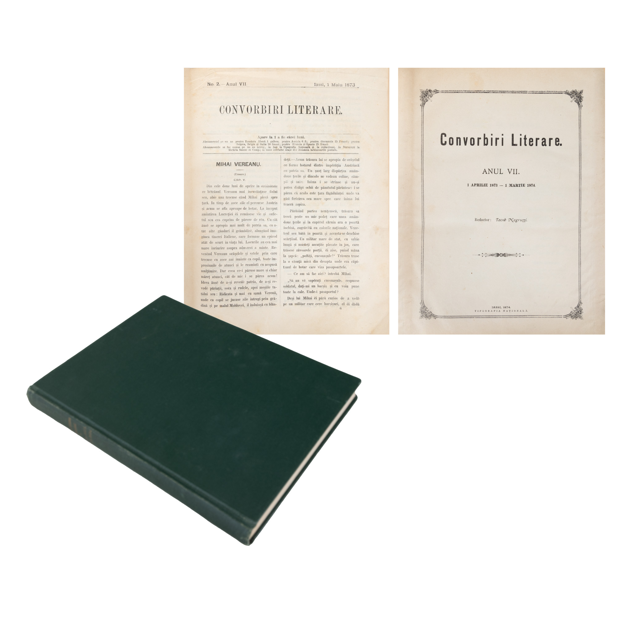 Revista ”Convorbiri Literare”, an VII, nr. 1-9, 11-12, 1873-1874, cu opere publicate de Mihai Eminescu, Vasile Alecsandri, Matilda Cugler-Poni, Titu Maiorescu, Gheorghe Panu, Ioan Slavici