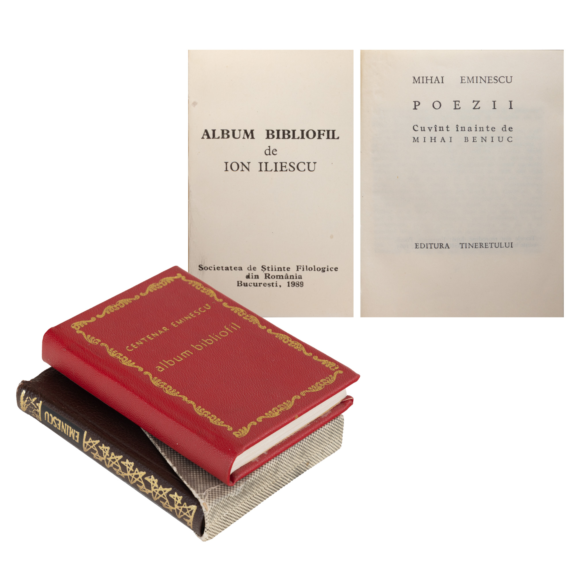 Lot consisting of "Bibliophile Album", by Ion Iliescu, Bucharest, 1989 and "Mihai Eminescu. Poems", Bucharest, 1965, pocket edition