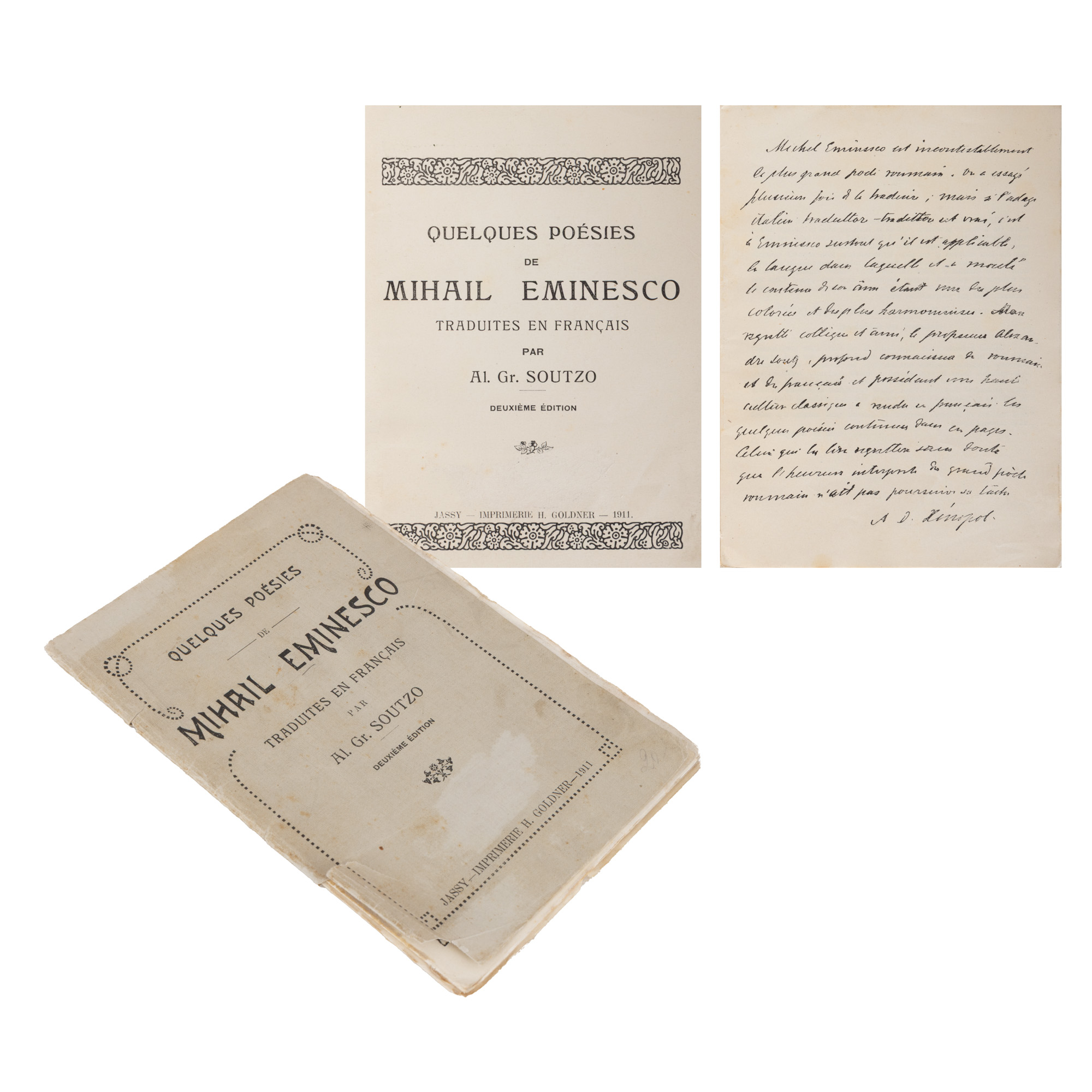 "Some Poems by Mihai Eminescu Translated into French", edition published by Alexandru Grigore Suțu, Iași, 1911, with a preface by Alexandru Xenopol