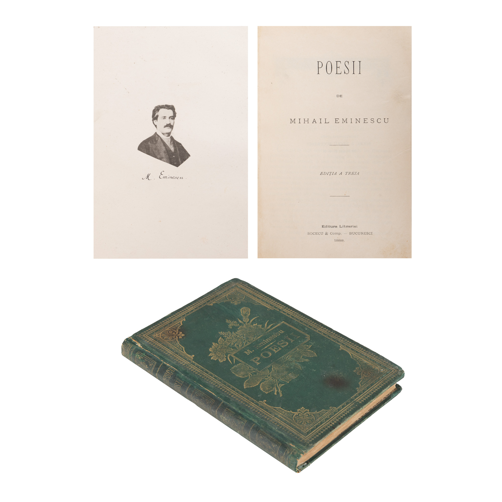 ”Poesii” de Mihail Eminescu, îngrijită de Titu Maiorescu, ediția a III-a, București, 1888, cu coperți de editură