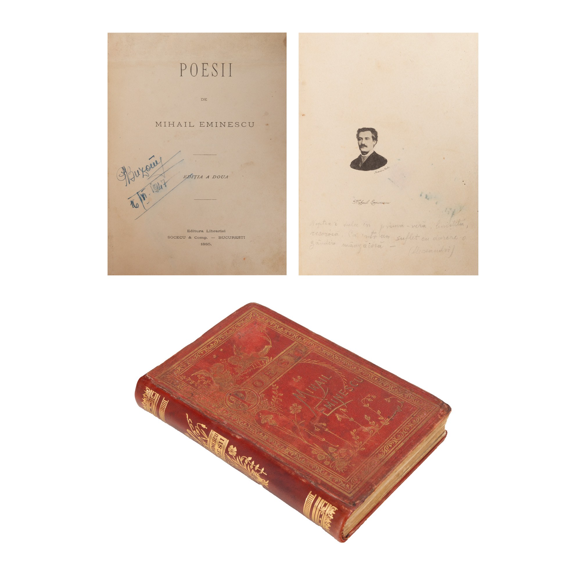 ”Poesii”, de Mihail Eminescu, îngrijită de Titu Maiorescu, ediția a II-a, București, 1885, cu coperți de editură