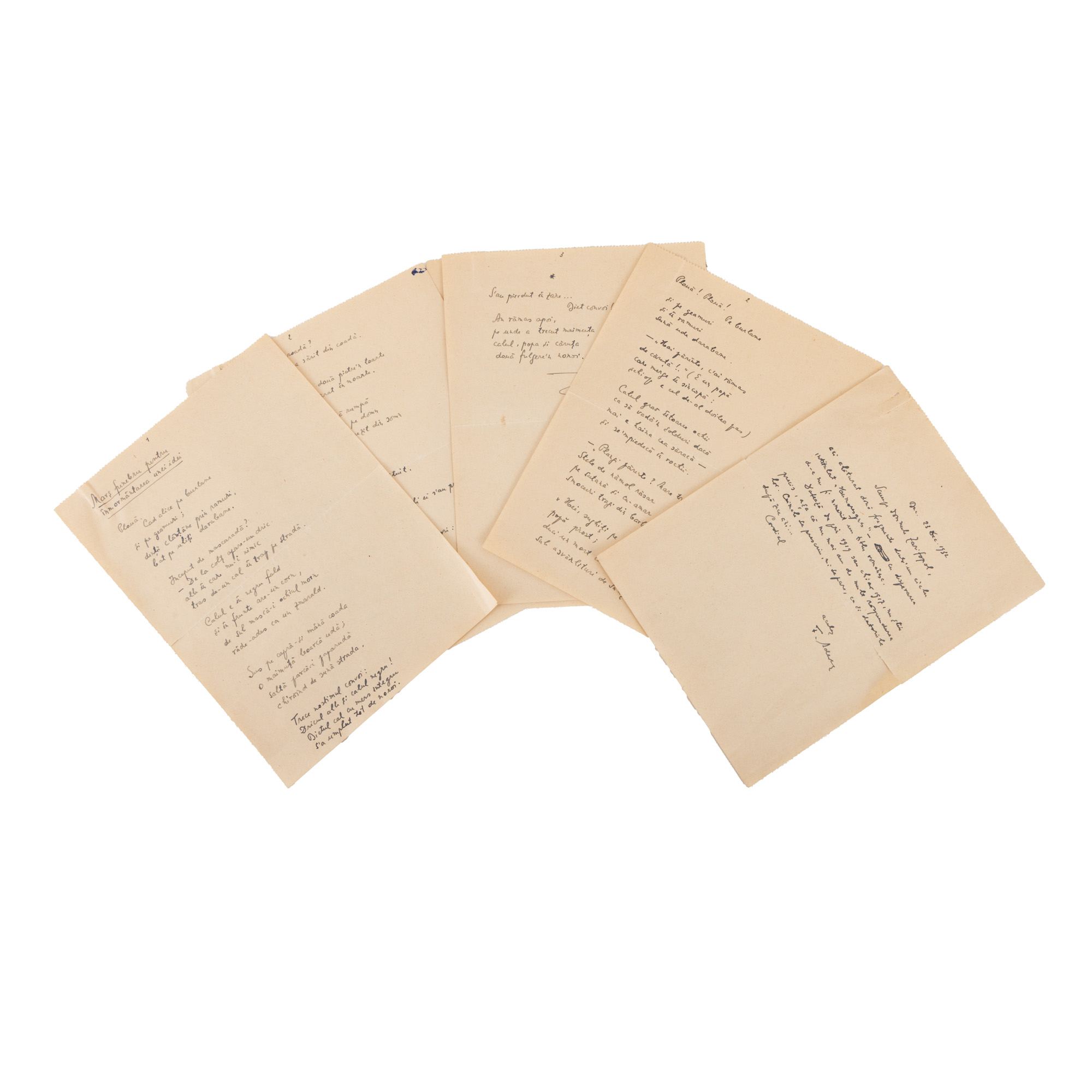 Lot format din scrisoare olografă redactată de scriitorul Felix Aderca către criticul literar Paul Zarifopol, 23 decembrie 1932, manuscris al poeziei ”Marș funebru pentru înmormântarea unei idei”, de Felix Aderca, și manuscris al poeziei ”Șoricelul, omul, pisica și Dumnezeu” de Felix Aderca