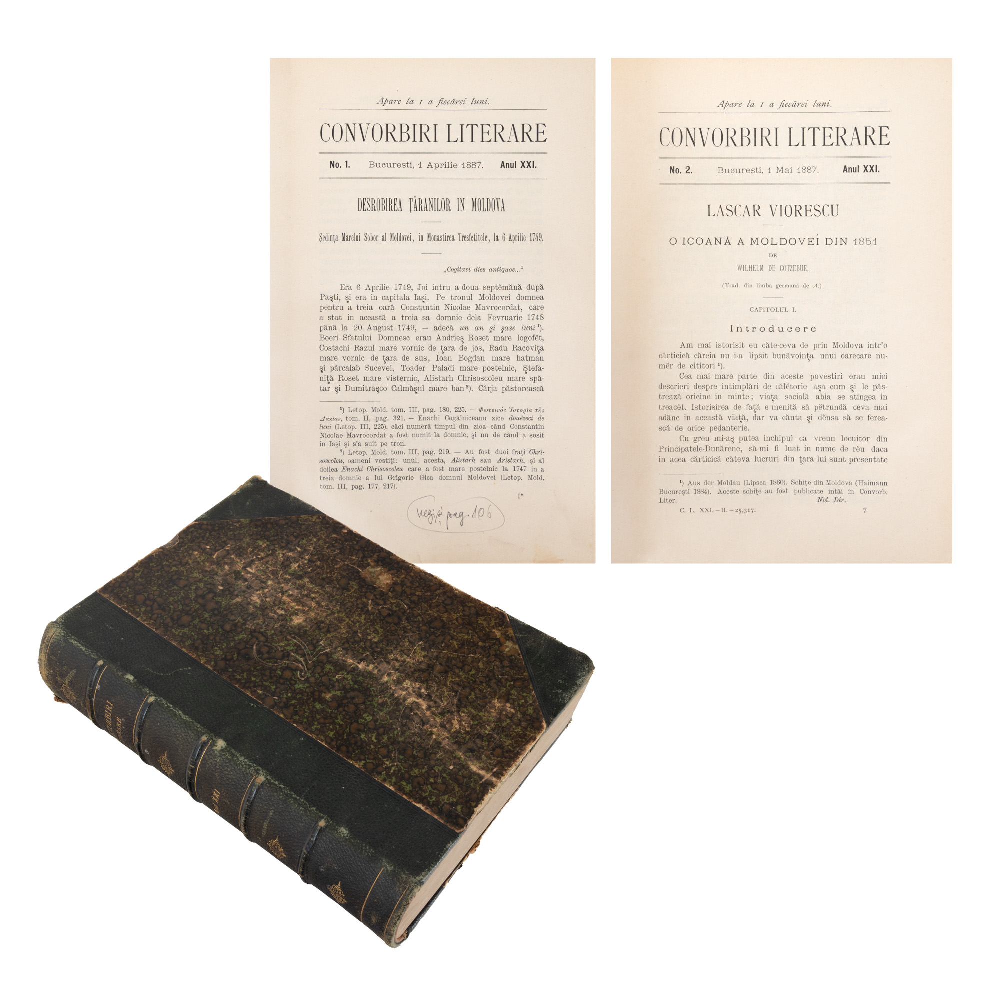”Convorbiri literare”, an XXI, nr. 1-12, 1887-1888, cu opere publicate de Mihai Eminescu, Vasile Alecsandri, Ioan N. Roman, Iacob Negruzzi