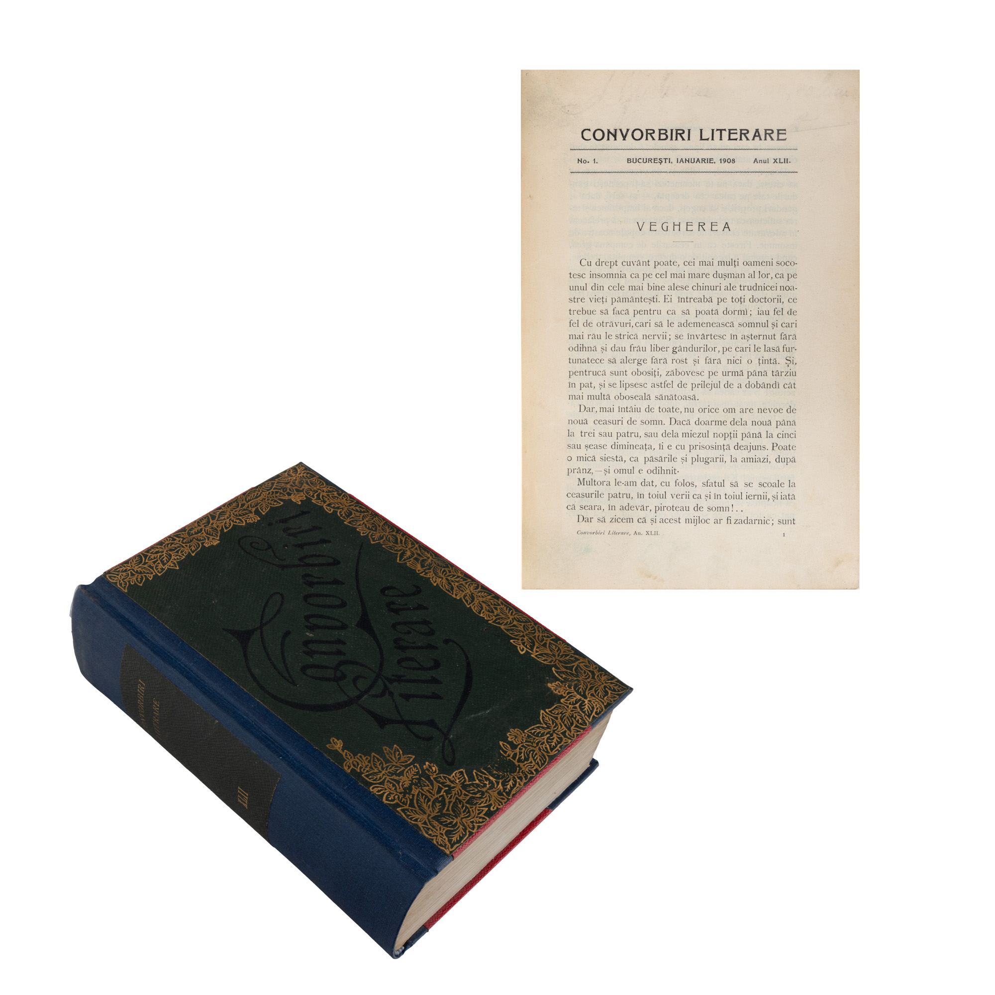 ”Convorbiri literare”, an XLII, nr. 1-12, 1908, cu opere publicate de Panait Cerna, Elena Farago, Carmen Sylva, Titu Maiorescu, Iacob Negruzzi