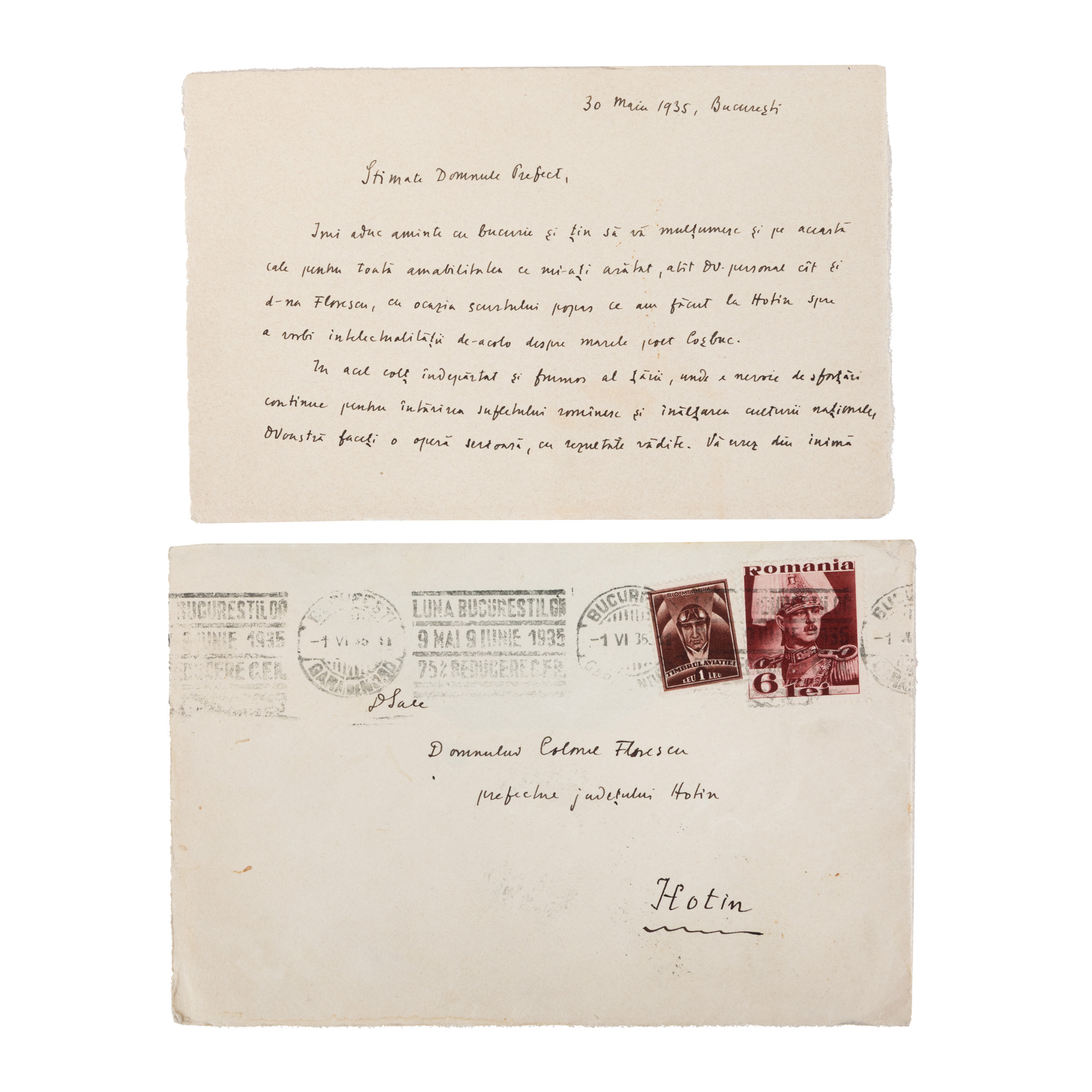 Scrisoare personală, semnată, trimisă de Liviu Rebreanu prefectului județului Hotin, Marin Florescu, 1935, însoțită de plicul original