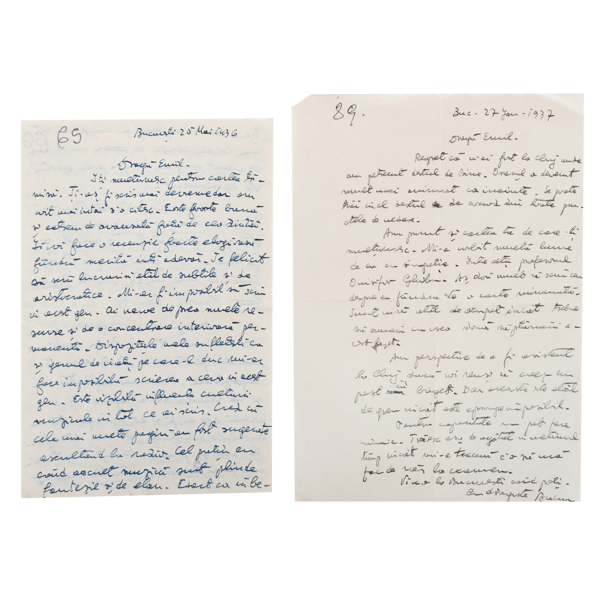Lot format din două scrisori trimise de istoricul literar Bucur Țincu către Emil Cioran, 1936-1937