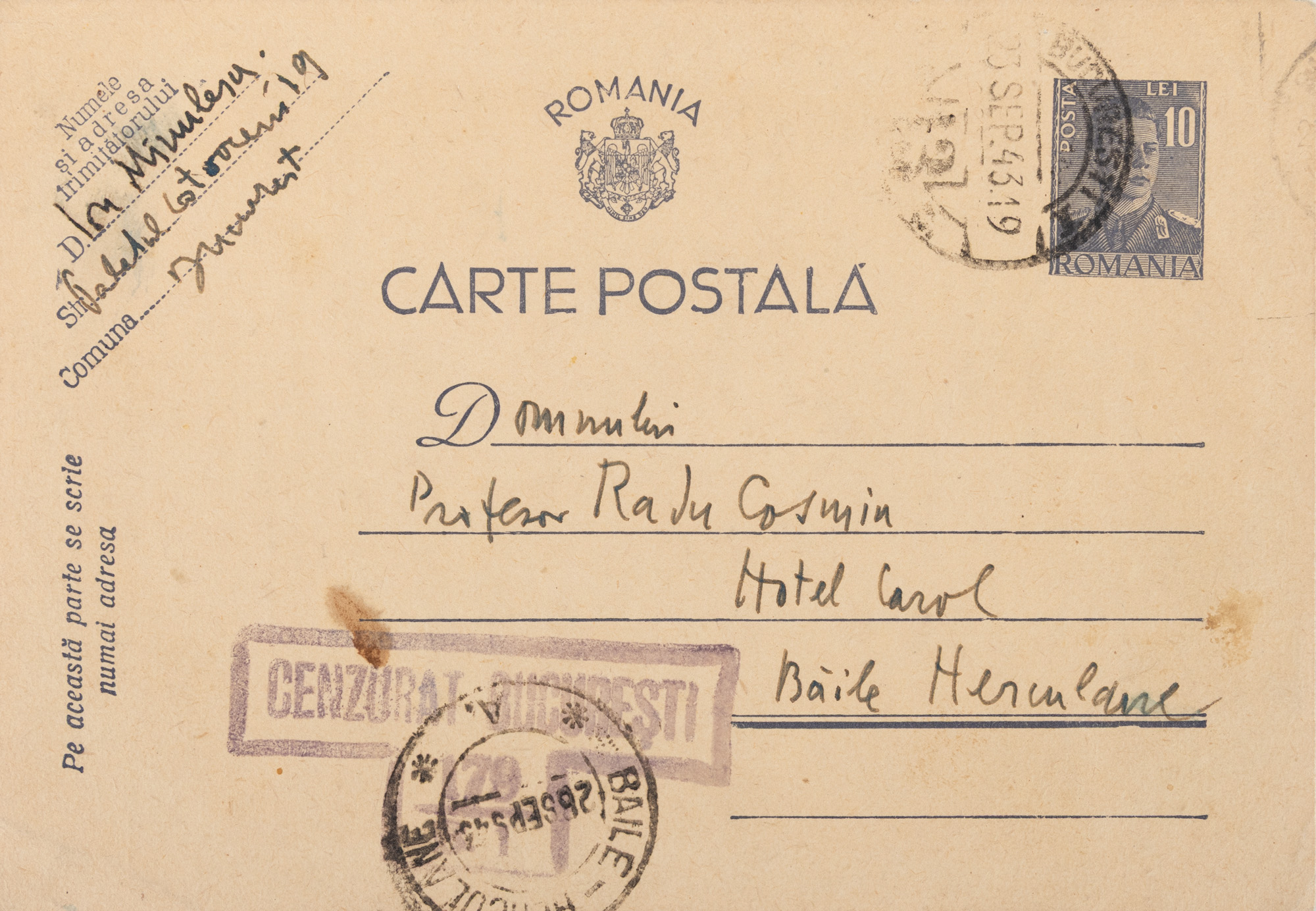 Carte poștală trimisă de Ion Minulescu către prozatorul Radu Cosmin, Băile Herculane, 23 septembrie 1943, cu semnătura olografă și ștampilă de cenzură