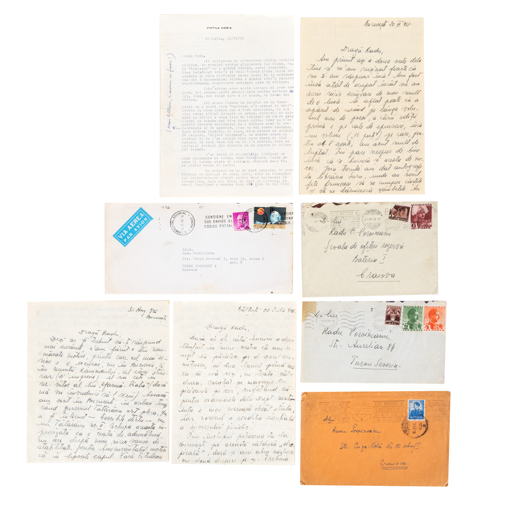 Lot consisting of three letters sent by Vintilă Horia to Radu Poroineanu, 1936-1990, accompanied by the original envelopes