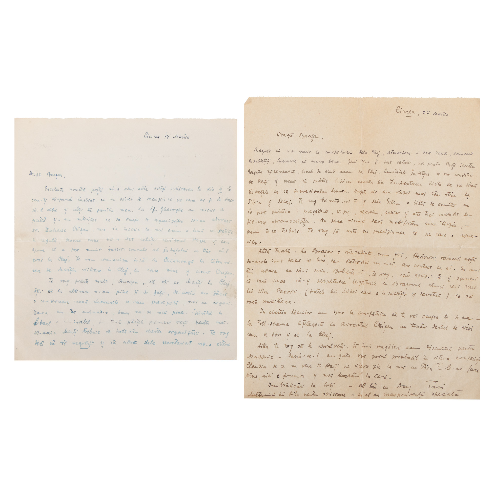 Lot consisting of two letters sent by Octavian Goga to his brother-in-law Constantin Bucșan, partially dated