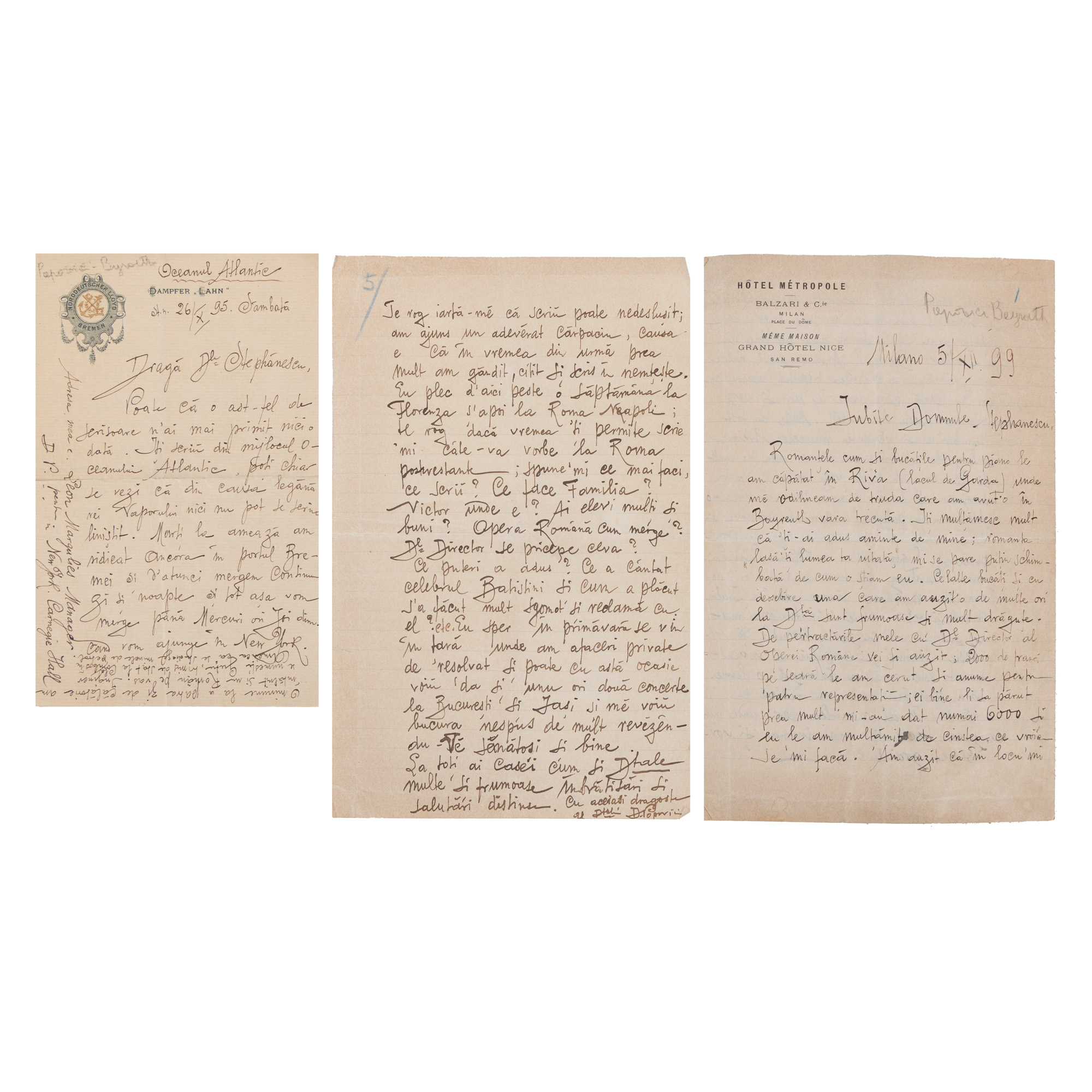 Lot format din două scrisori trimise de baritonul Dimitrie Popovici Bayreuth către compozitorul și dirijorul Gheorghe Stephănescu, 1895-1899