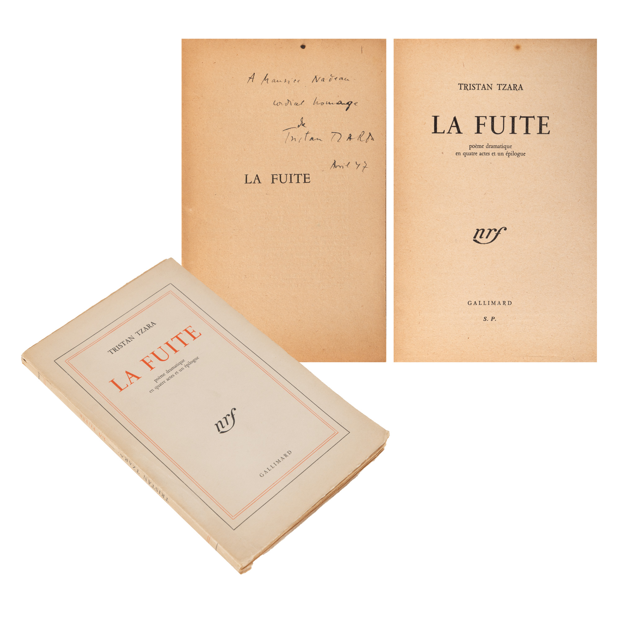 "Exodus" by Tristan Tzara, French, 1947, with author's handwritten signature and dedication for writer Maurice Nadeau, uncut copy