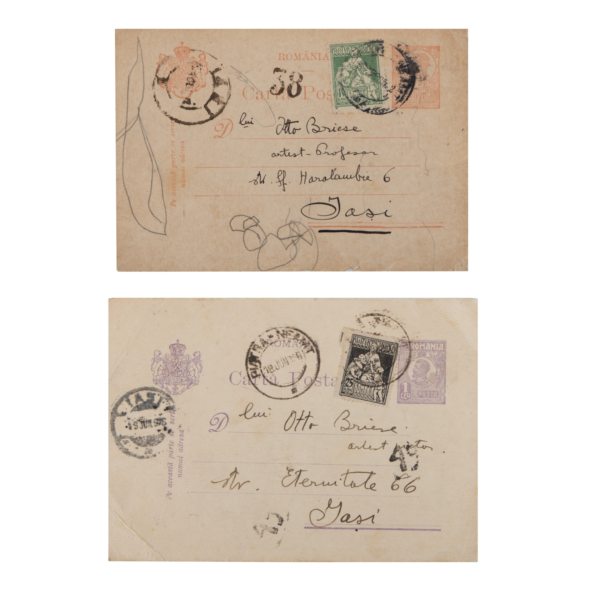 Lot consisting of two postcards sent by the painter Aurel Băeșu to his brother Otto Briese, 1926